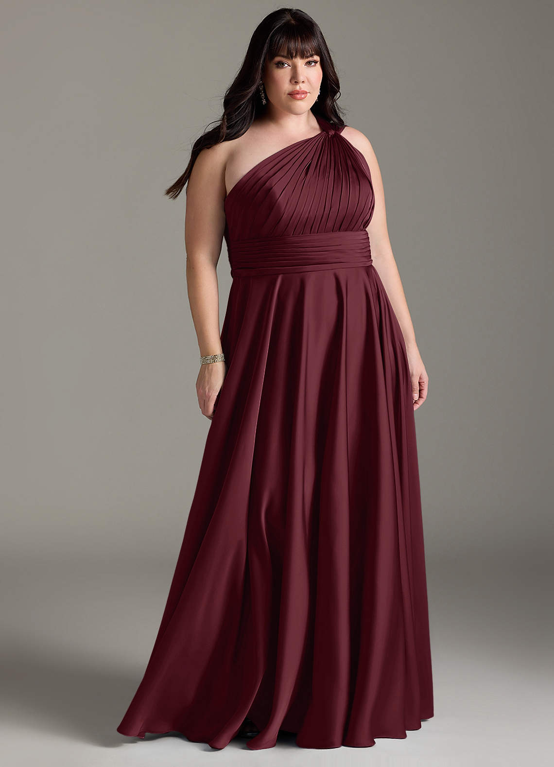 Azazie Charlize Bridesmaid Dresses Cabernet A-Line One Shoulder Stretch Satin Dress image1