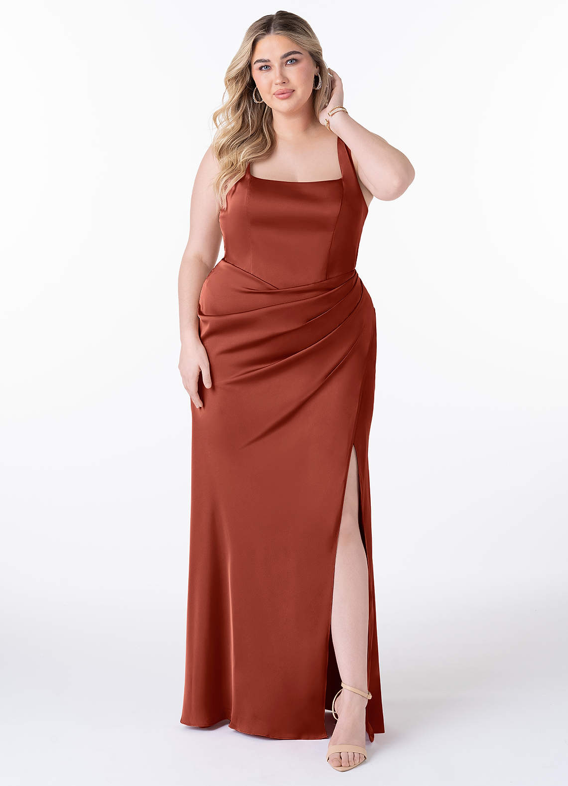 Azazie Mero Bridesmaid Dresses Terracotta Sheath Pleated Stretch Satin Dress image1