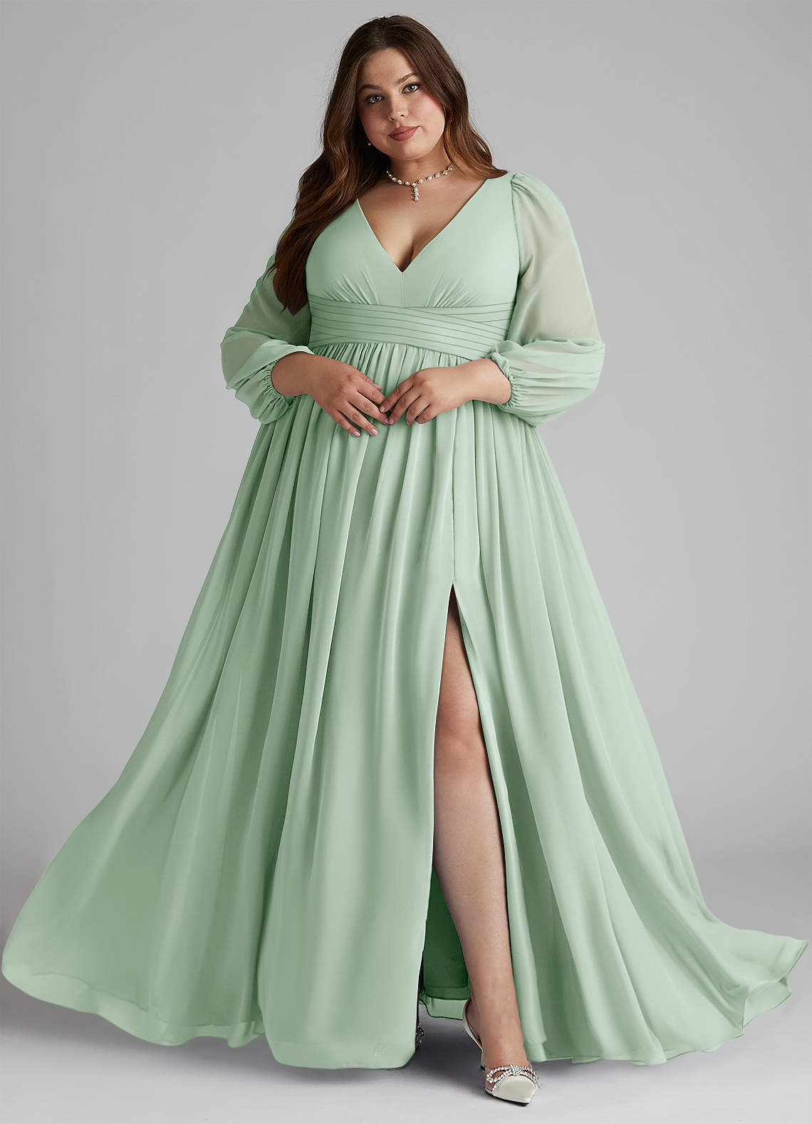 Azazie Norah Bridesmaid Dresses Agave A-Line V-Neck Long Sleeve Chiffon Dress image7