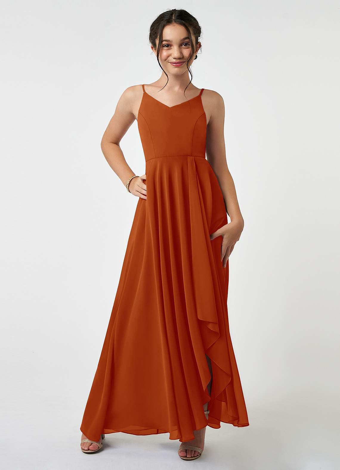 Azazie Collette Junior A-Linie Gestreift Chiffon Kleid Paprika image1