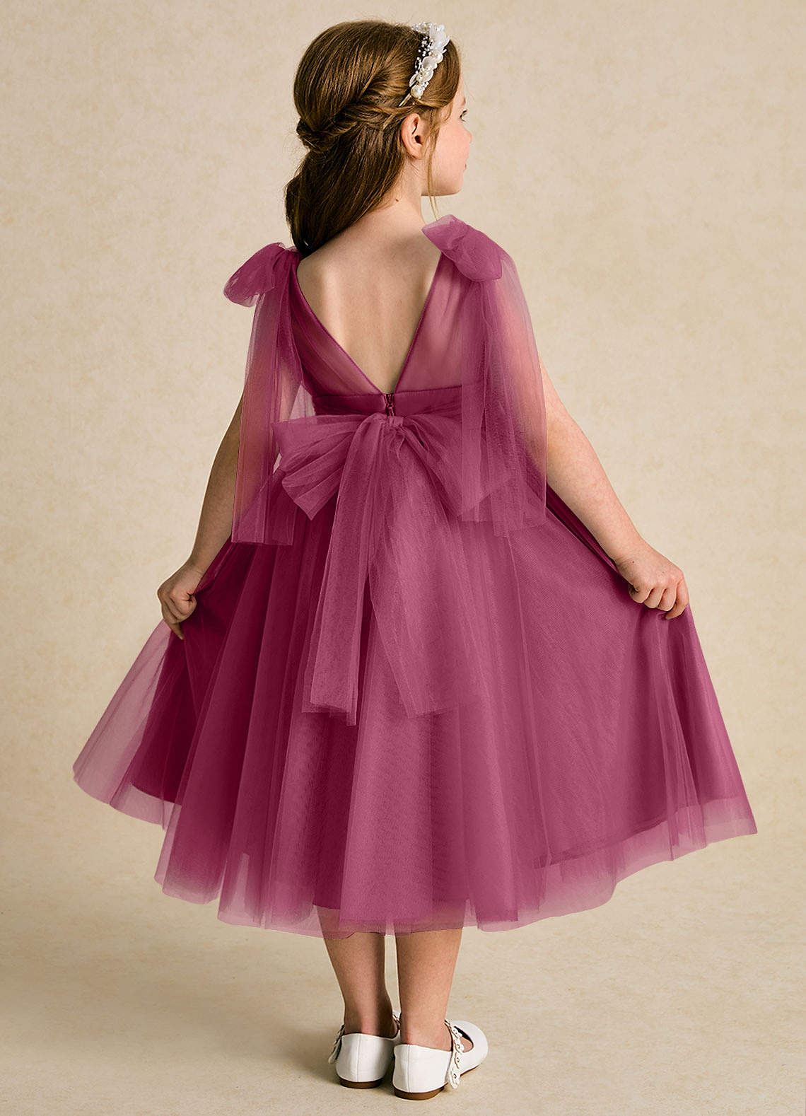 Azazie Dori Robe Demoiselle D'honneur Fillette Robe Trapèze en Tulle Rayé Mûre image1