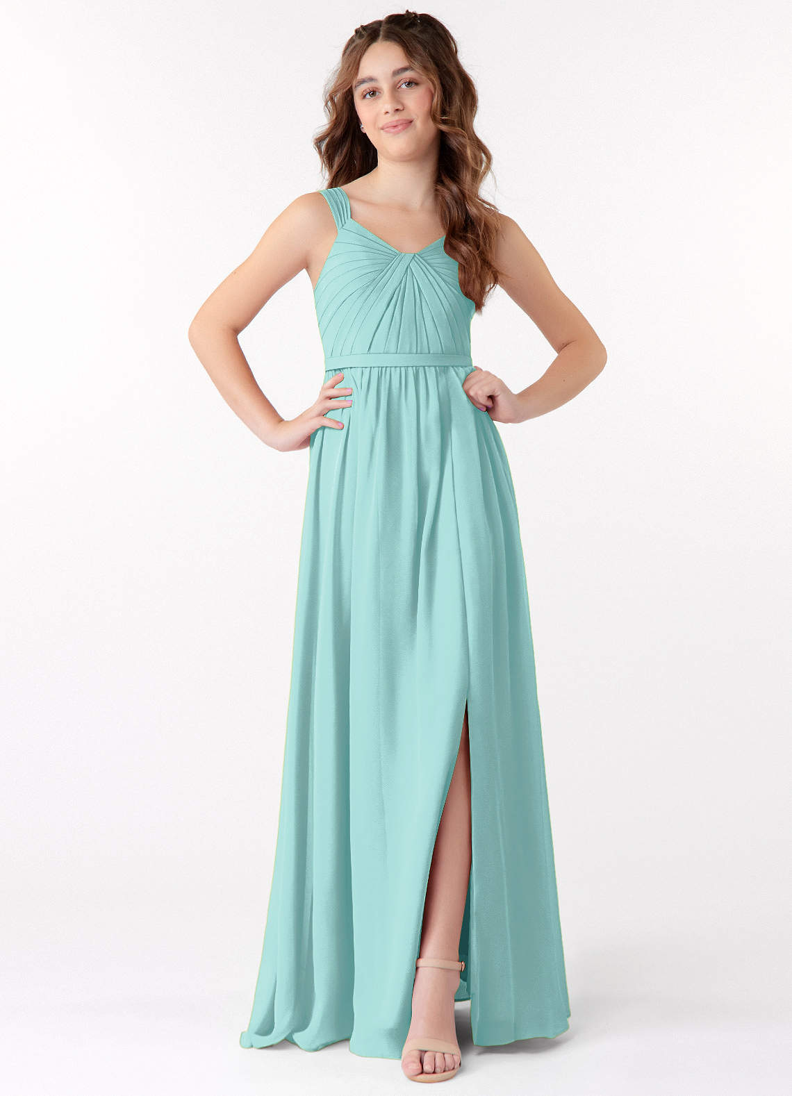 aqua pleated chiffon dress Azazie Evie Junior Ready to Ship Bridesmaid Dress in Aqua