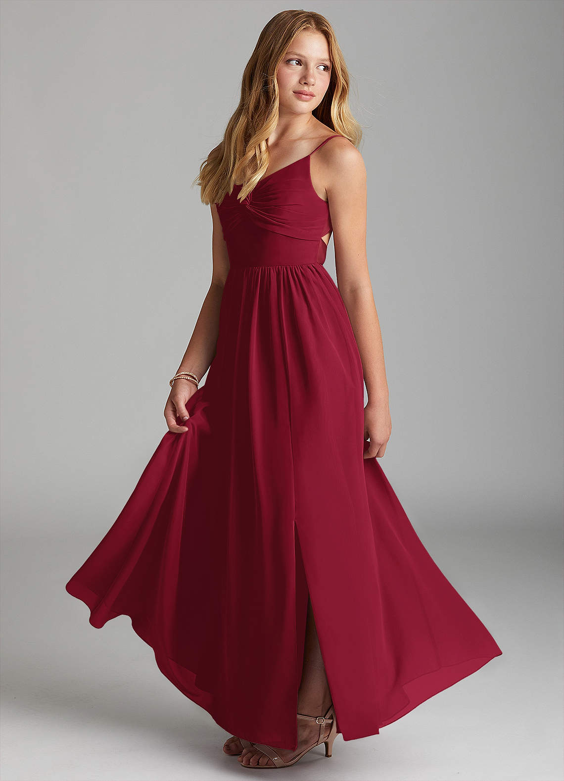 Azazie Zeya Junior Burgundy A-Line Chiffon Dress image3