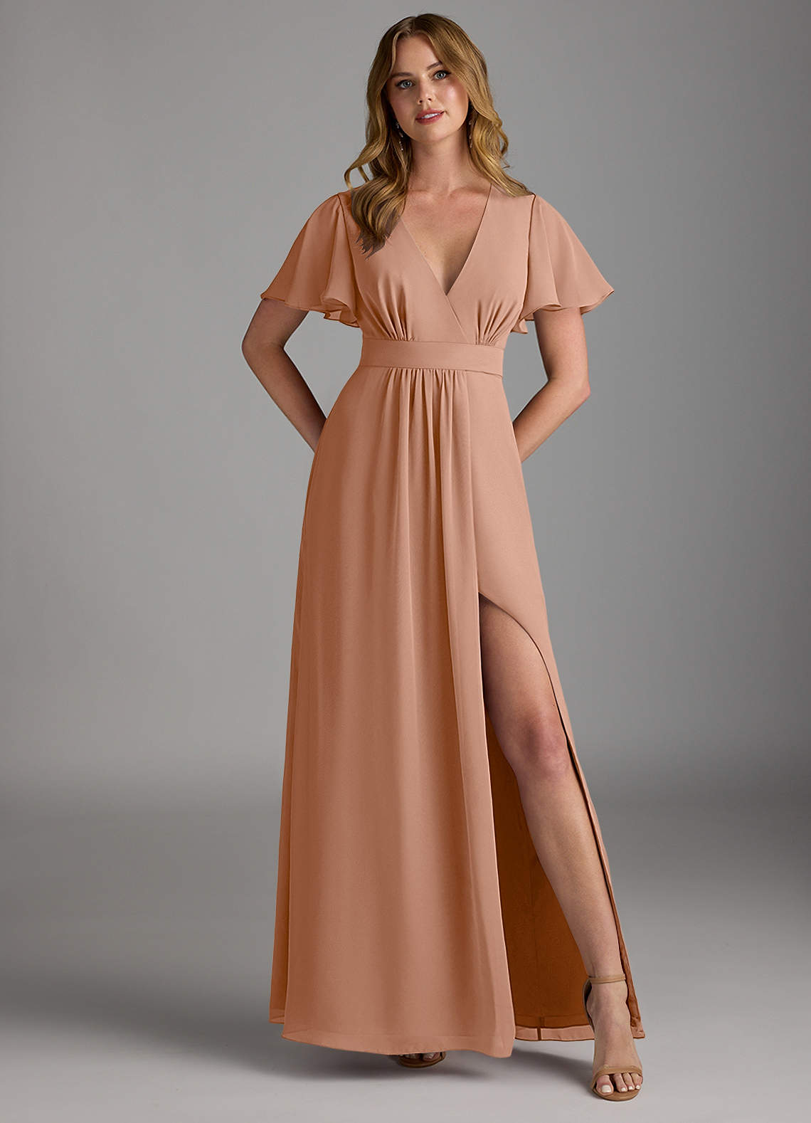 Azazie Zaniah Brautjungfernkleider A-Linie Chiffon Kleid Champagner Rosa image1