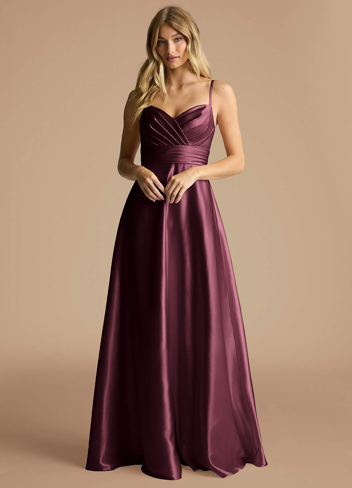 Azazie Oliana Bridesmaid Dresses Cabernet A-Line Pleated Metallic Satin Dress image1