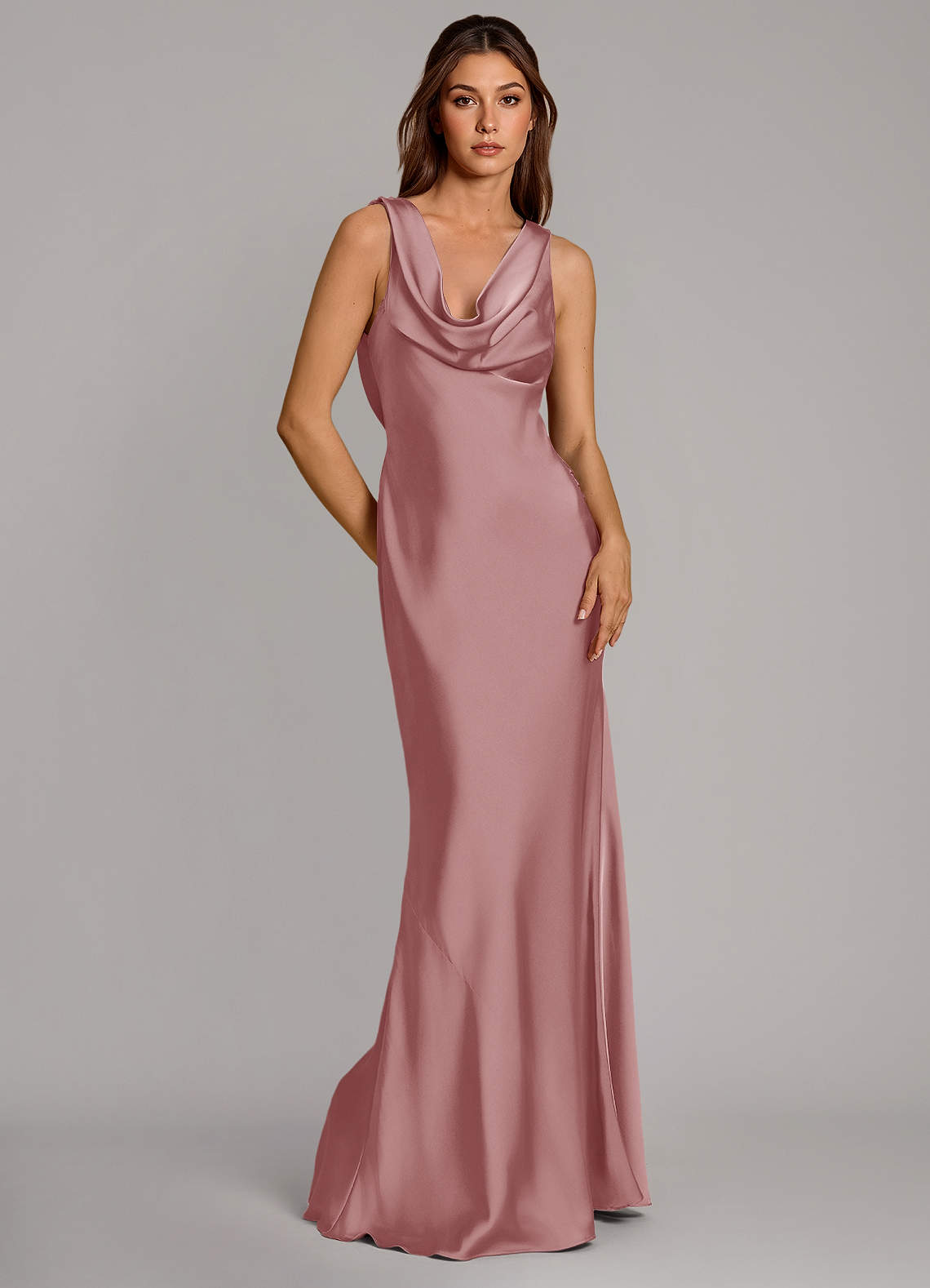 Azazie Cheryl Vestidos de damas de honor Vestido de Rosa Polvorienta de Satén Elástico de Corte Sirena image4