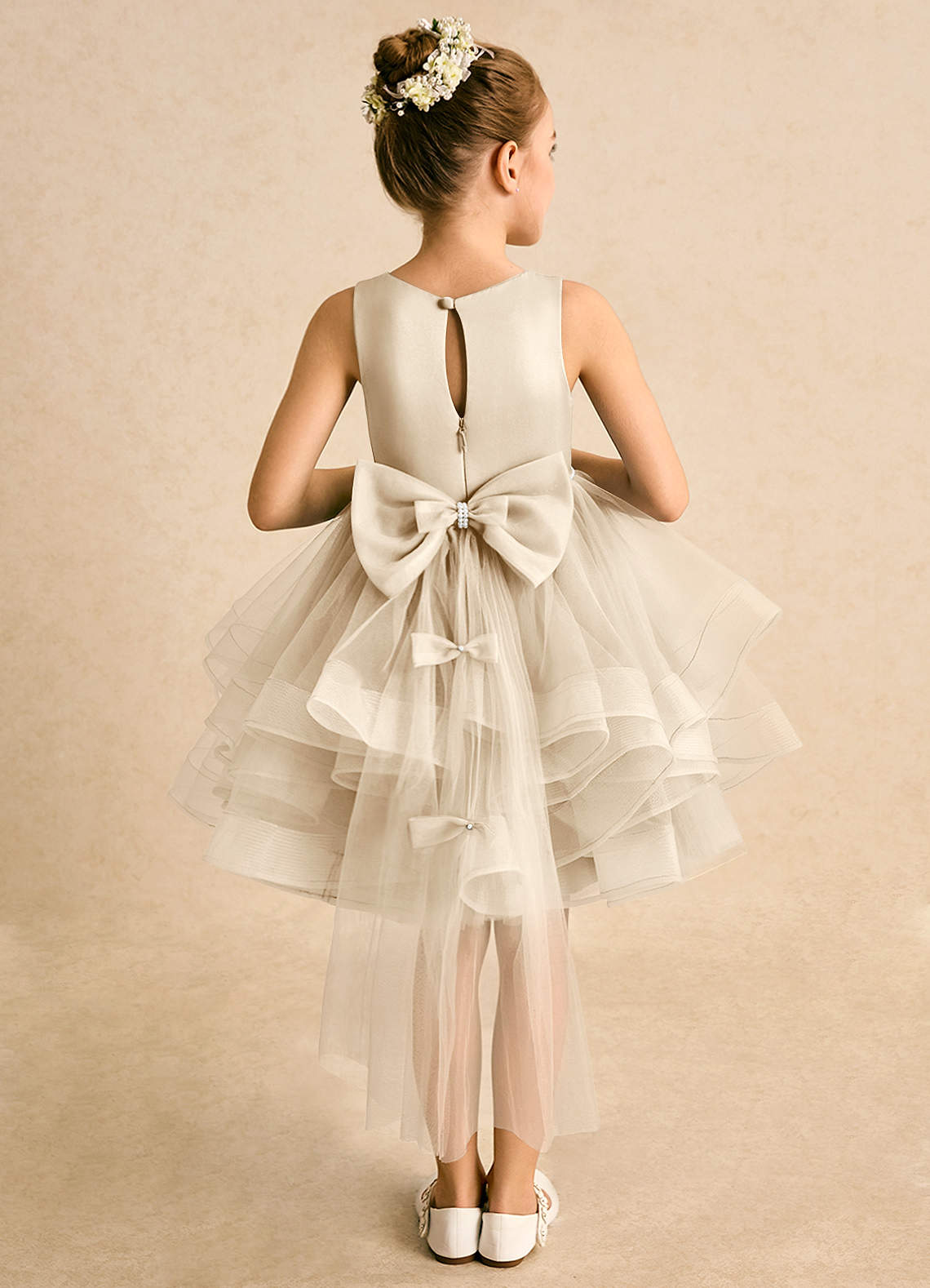Azazie Tinie Flower Girl Dresses Champagne Ball-Gown Bow Tulle Dress image1