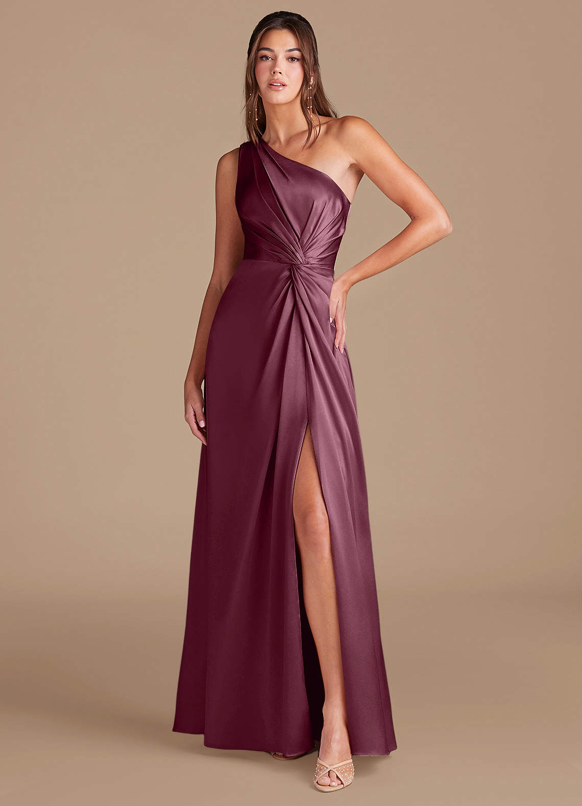 Azazie Brooke Bridesmaid Dresses Cabernet A-Line One Shoulder Metallic Satin Dress image1