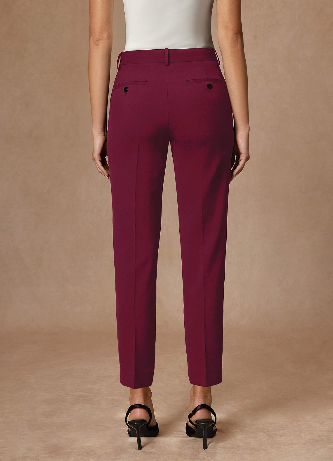 front Whitney Burgundy Structured Stretch Full Length Pants Suit
