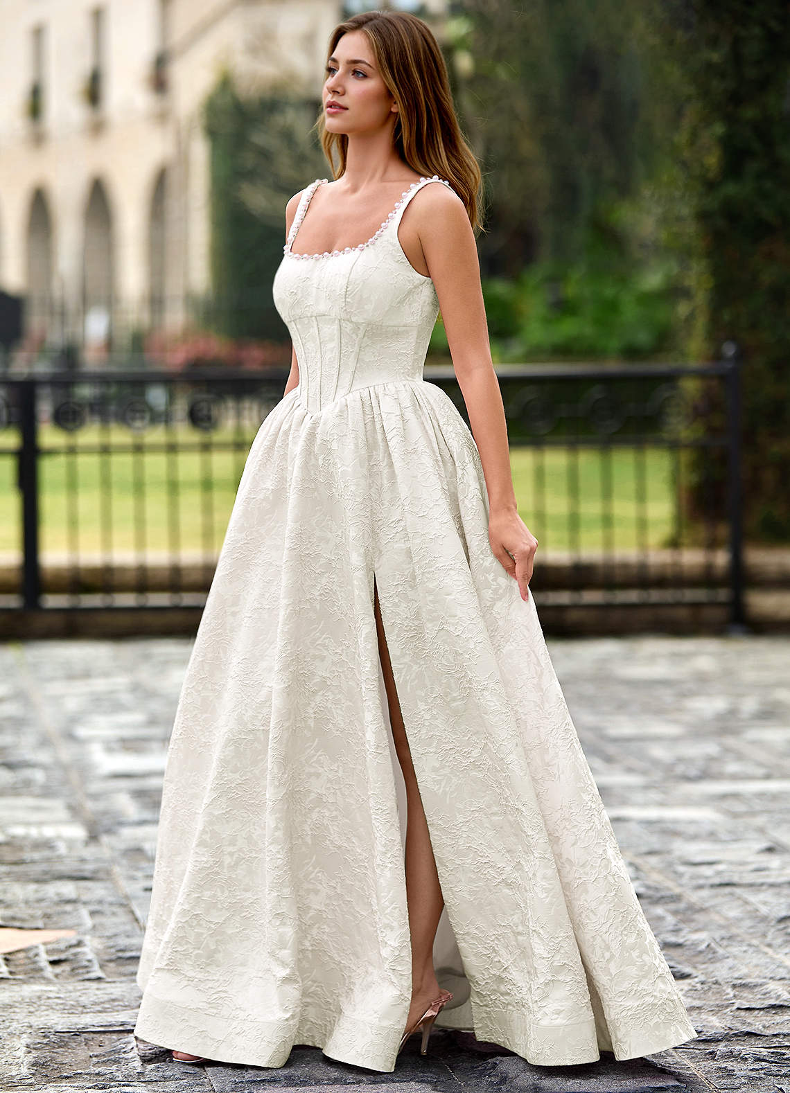 Azazie Cream Beading Square Formal Dress Azazie Cream Beading Square Formal Dress