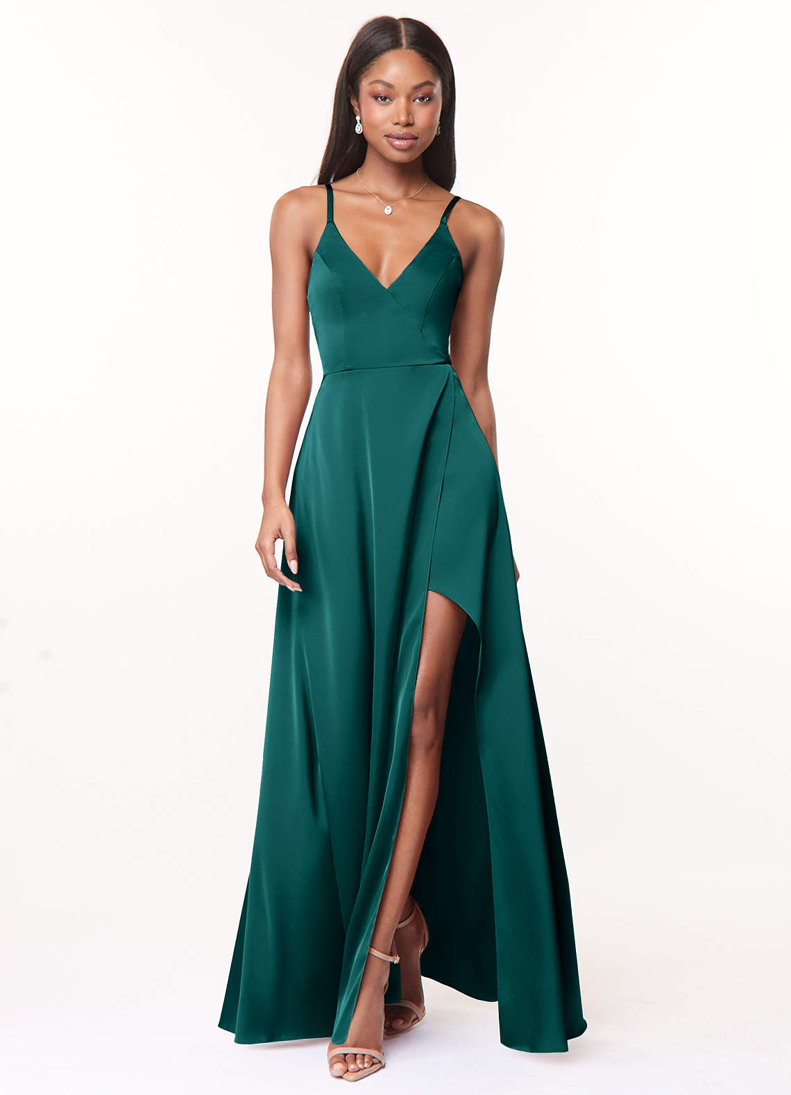 Azazie Maksim Bridesmaid Dresses Peacock A-Line V-Neck Stretch Satin Dress image1