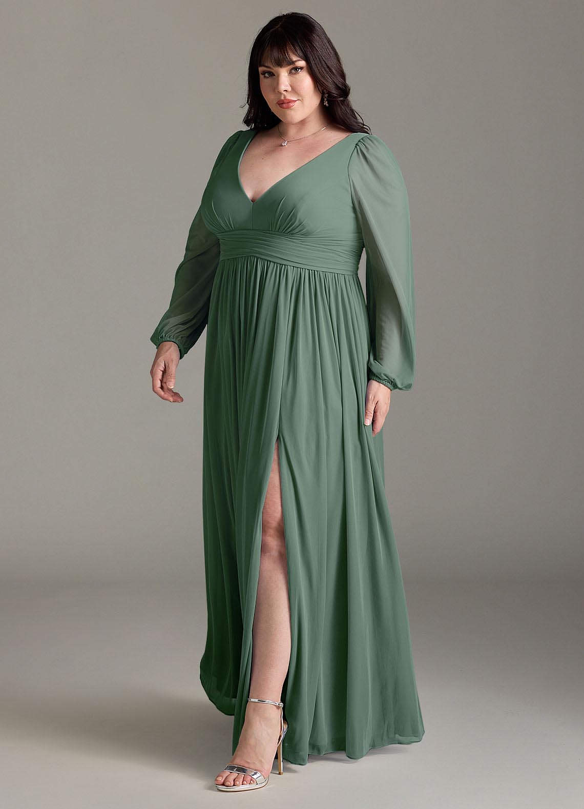 Azazie Norah Bridesmaid Dresses Eucalyptus A-Line V-Neck Long Sleeve Chiffon Dress image10