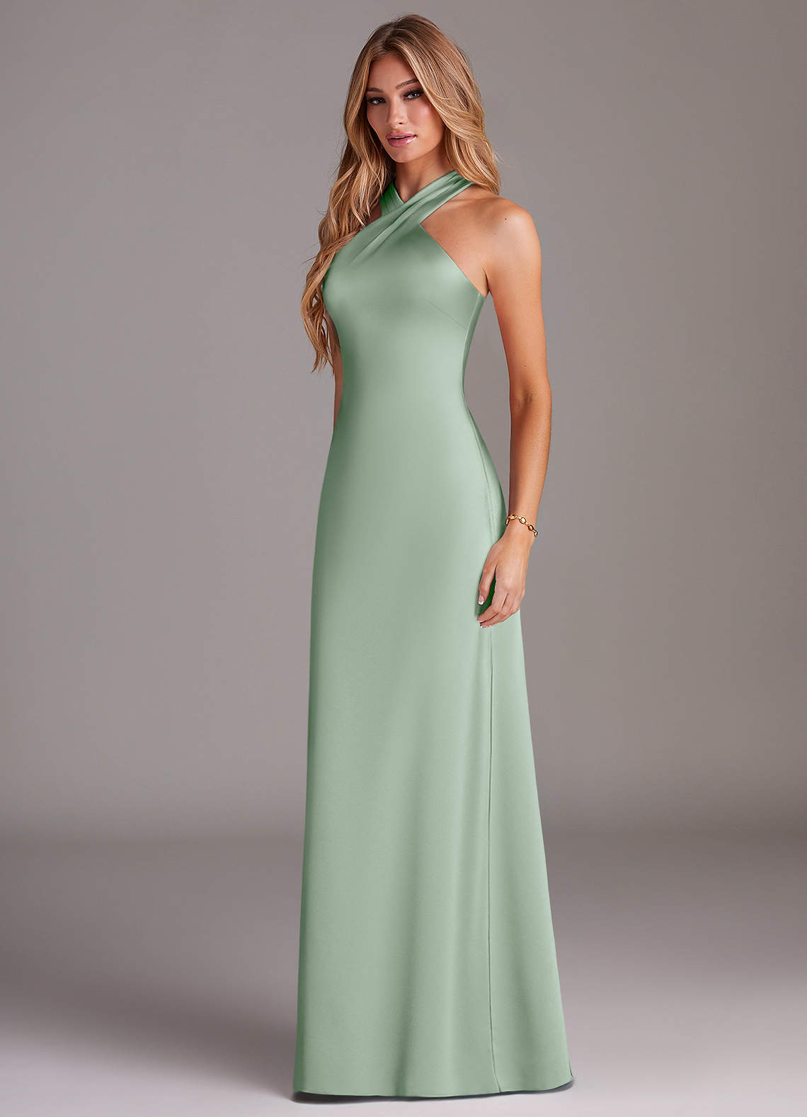 Azazie Doretta Bridesmaid Dresses Agave Mermaid Pleated Stretch Satin Dress image3
