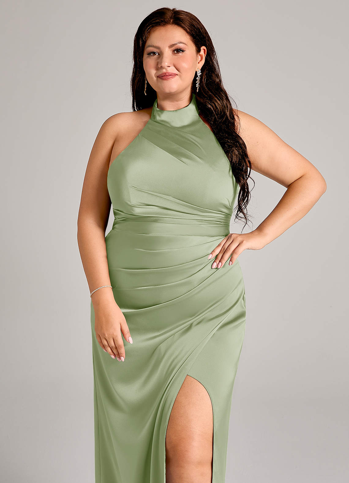 Azazie Jemma Brautjungfernkleider Etui Plissee Stretch-Satin Kleid Staubiger Salbeigrün image7