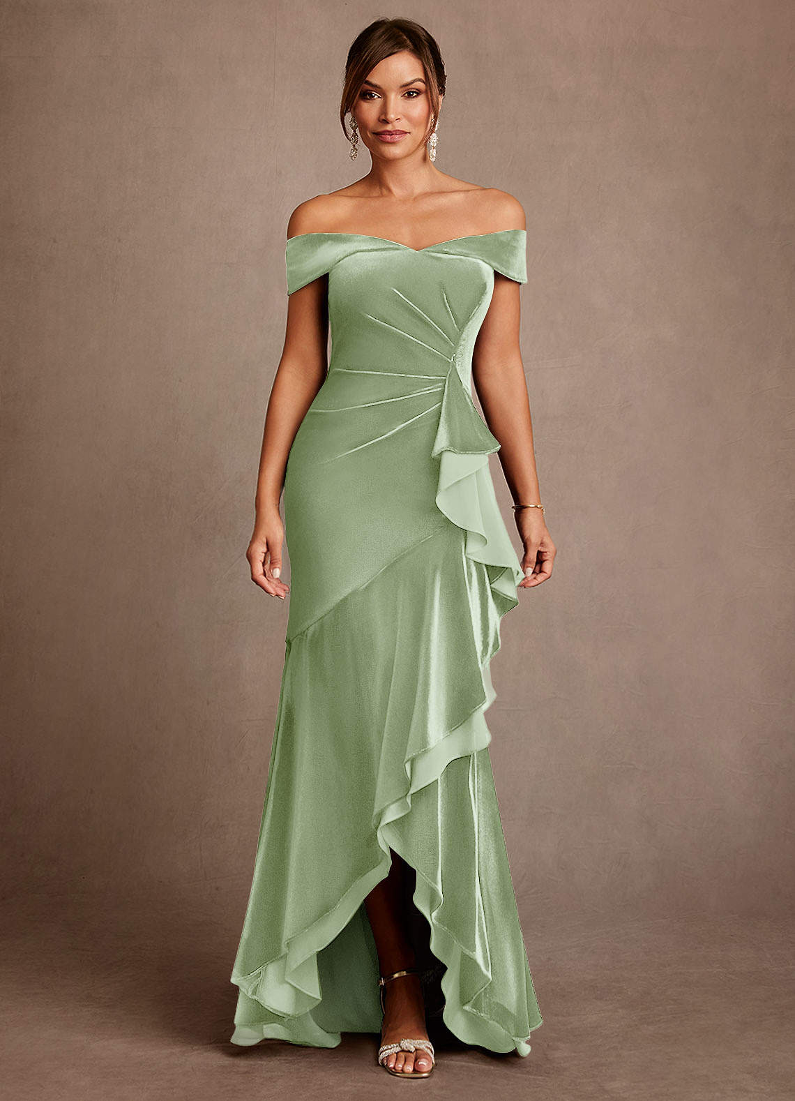Azazie Billings Mother of the Bride Dresses Dusty Sage Mermaid Off the Shoulder Velvet Dress image1