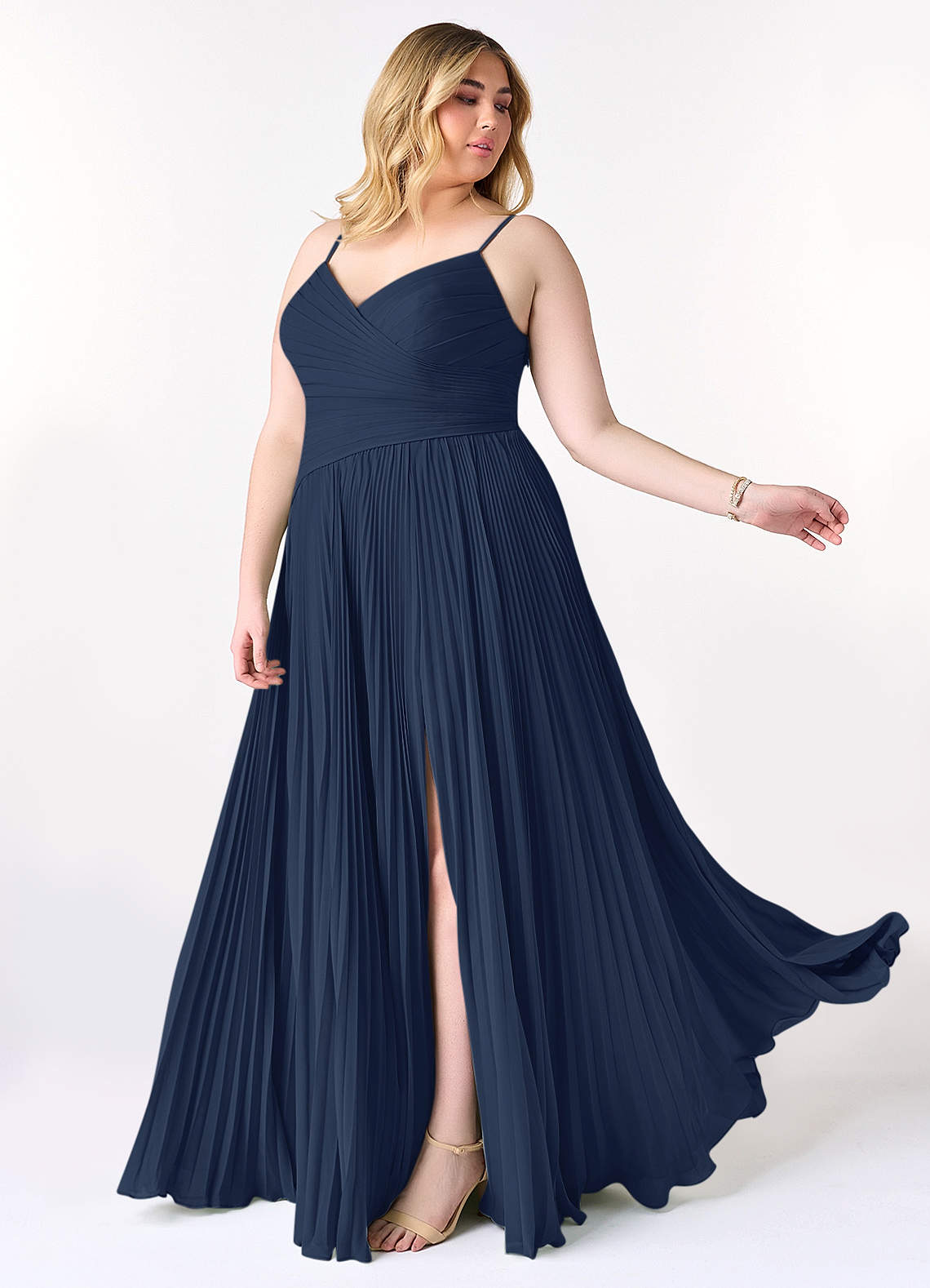 V-neck Pleated Chiffon Long Junior Bridesmaid Dresses Ink Blue