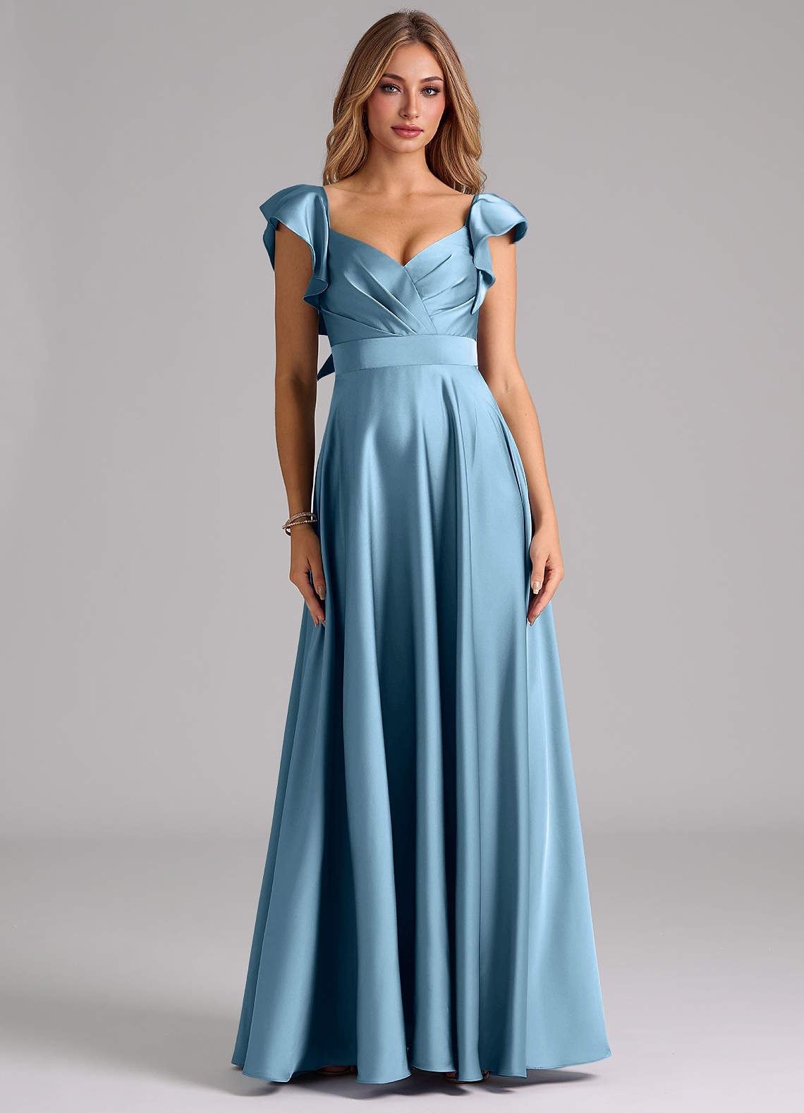 Azazie Leilani Abiti da Damigella Abito A-Line in Raso Elasticizzato Increspato Blu Acciaio image2