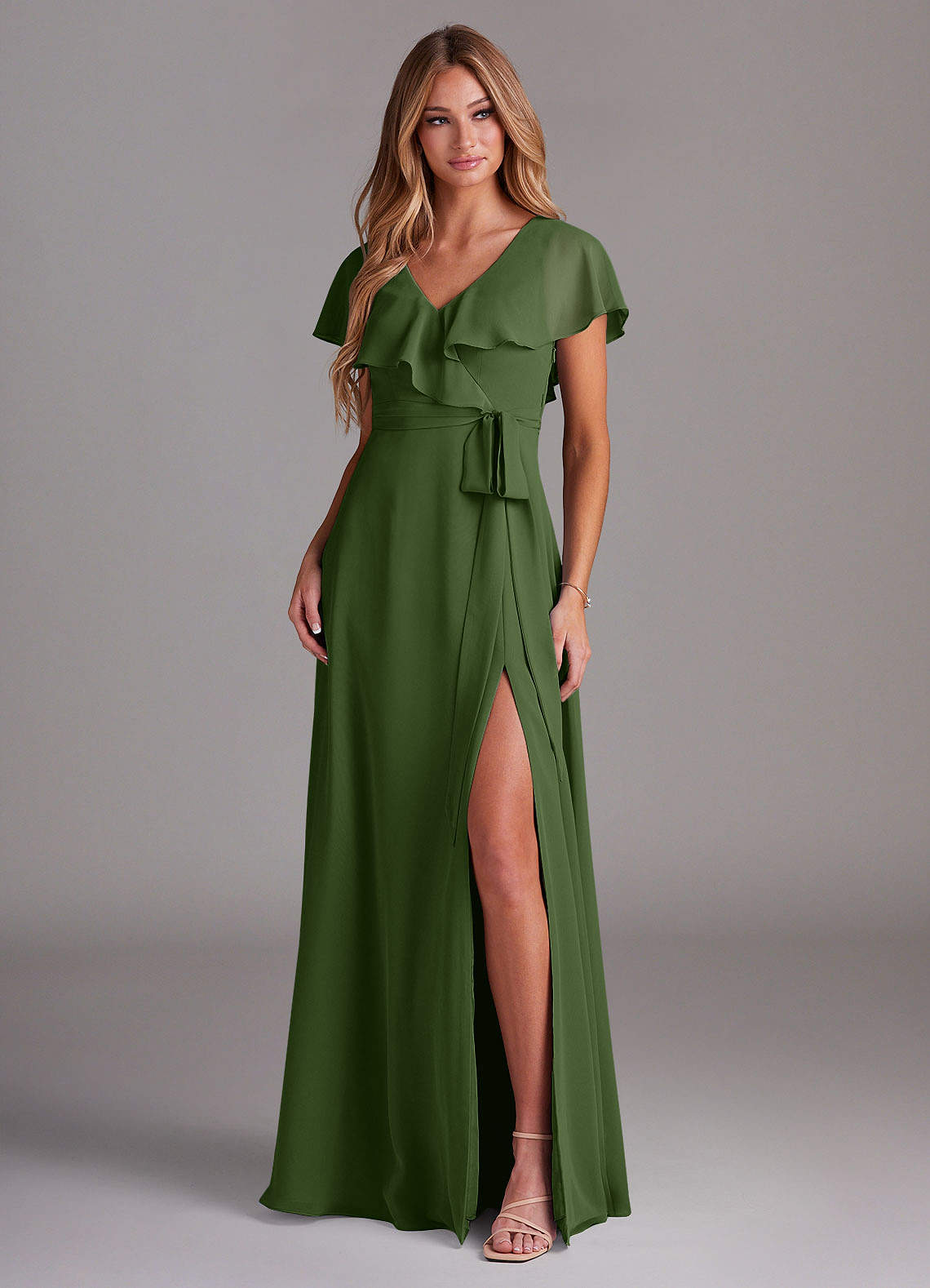 Azazie Lainey Bridesmaid Dresses Olive A-Line with Pockets Chiffon Dress image2