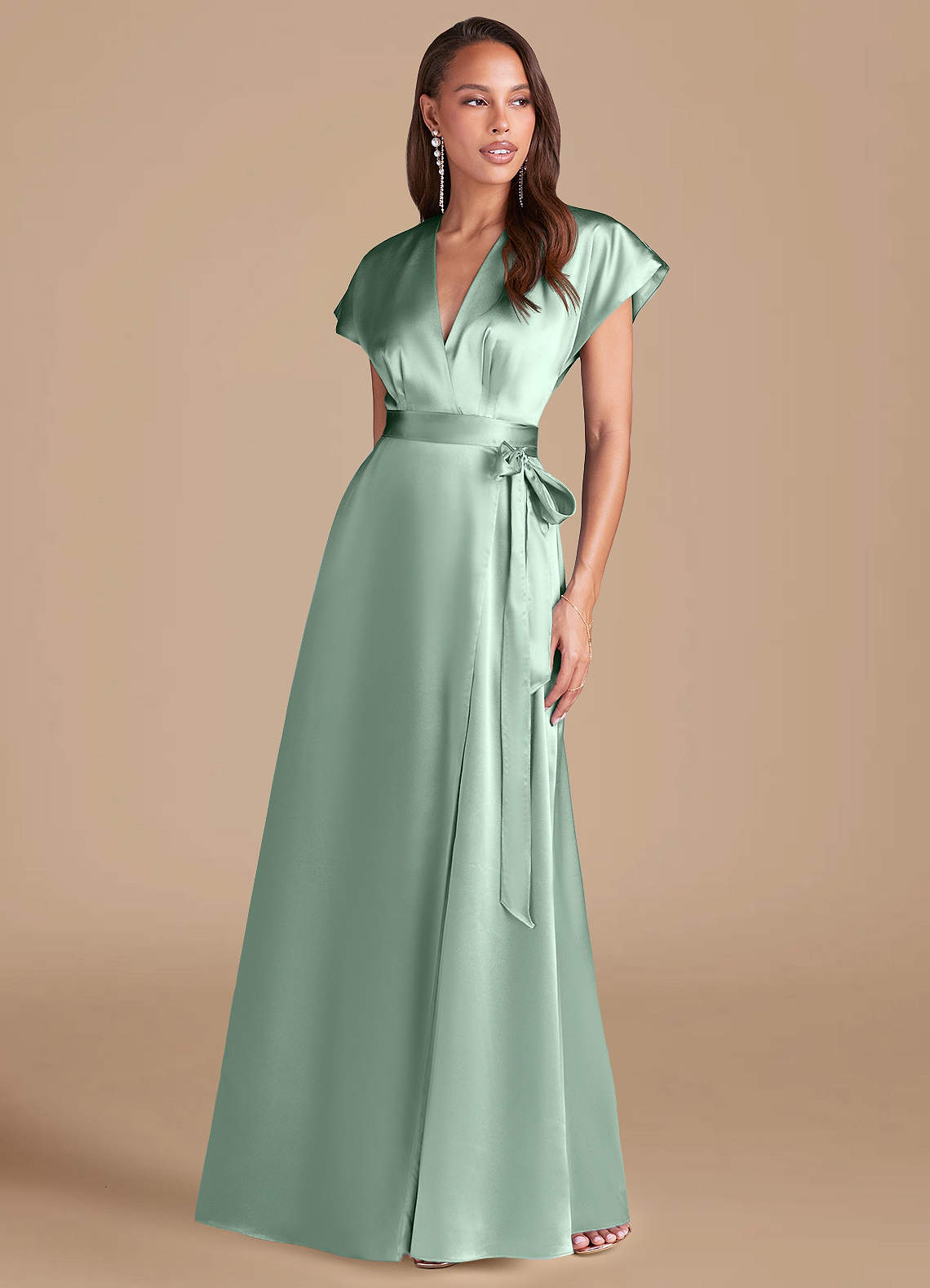 Azazie Nico Bridesmaid Dresses Agave A-Line Pleated Metallic Satin Dress image1