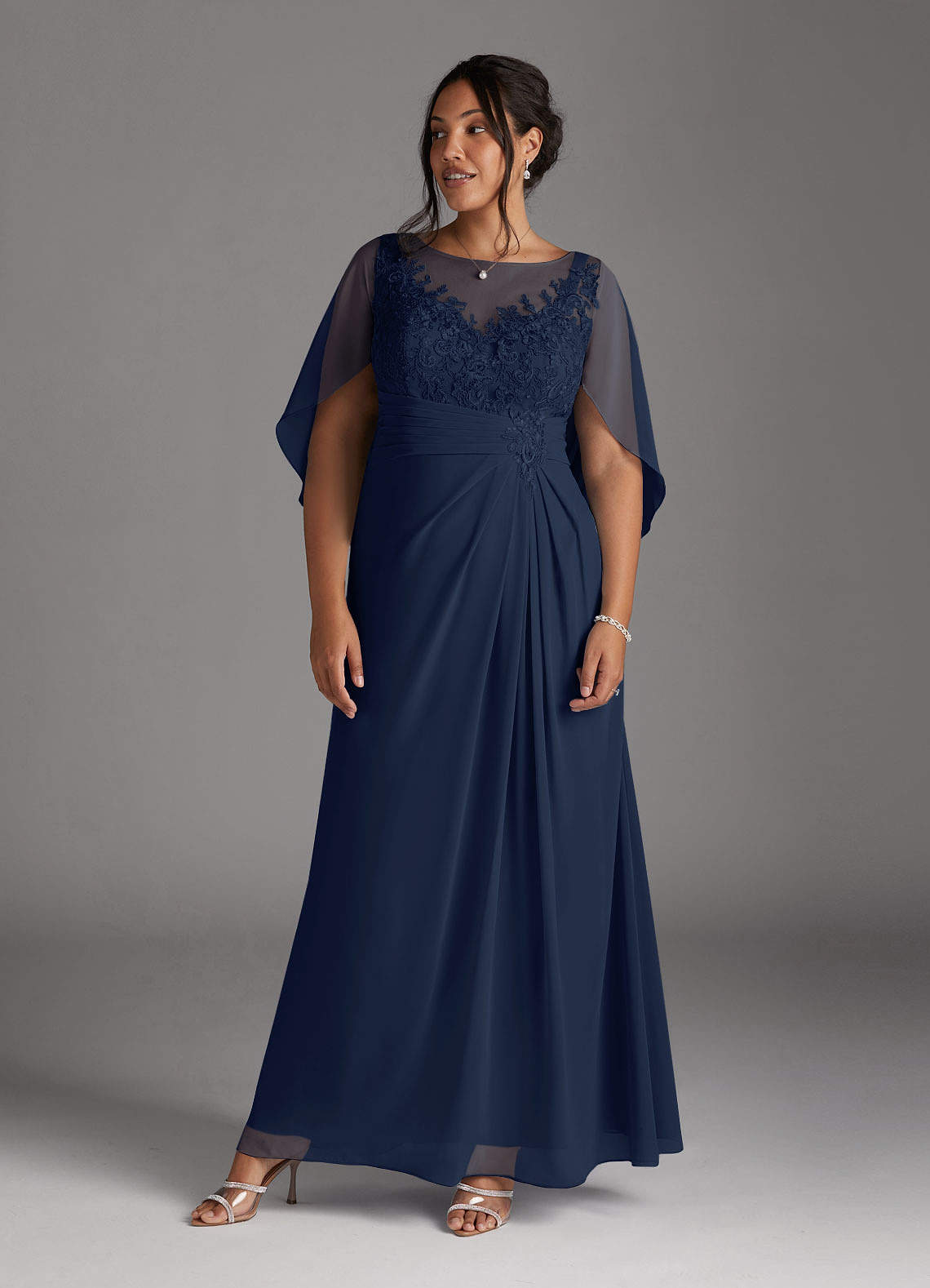 Azazie Hera Mother of the Bride Dresses Dark Navy A-Line Lace Capelet Chiffon Dress image7