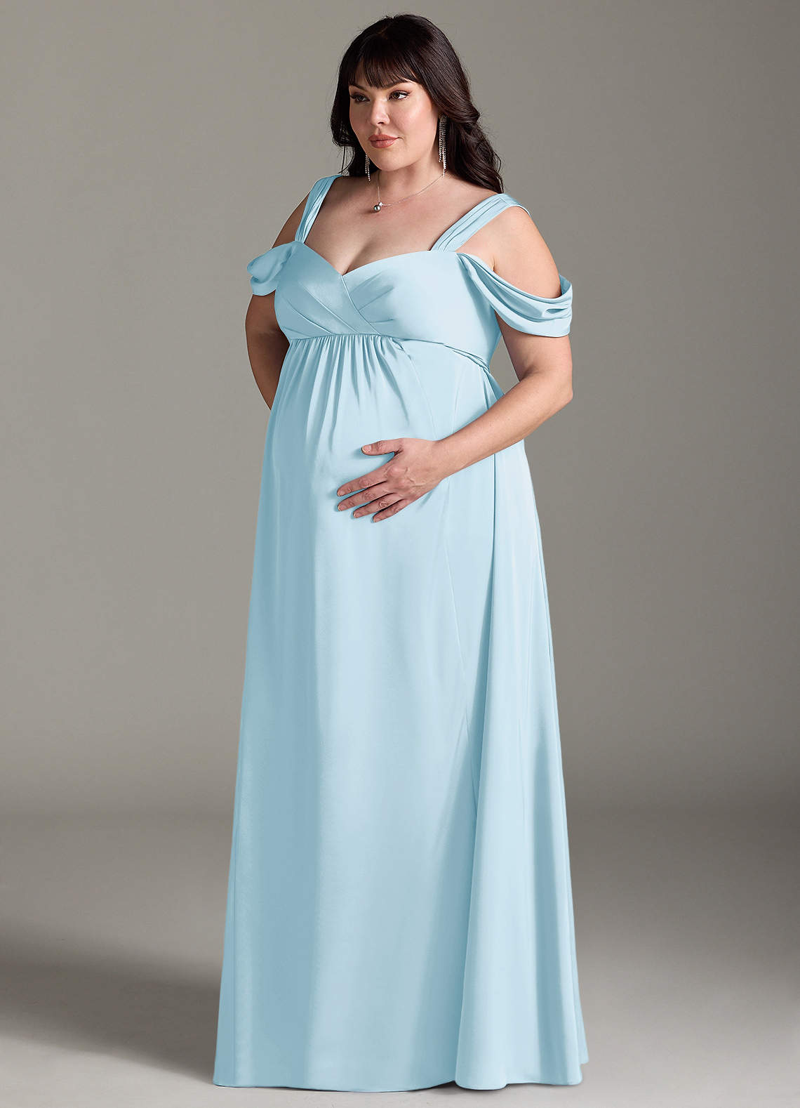 Azazie Rhea Maternity Bridesmaid Dresses A-Line Off-The-Shouler Pleated Stretch Satin Floor-Length Dress image10