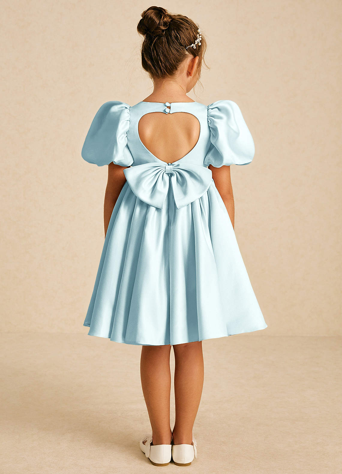 Azazie Muffin Flower Girl Dresses Sea Glass A-Line with Sleeves Matte Satin Dress image1