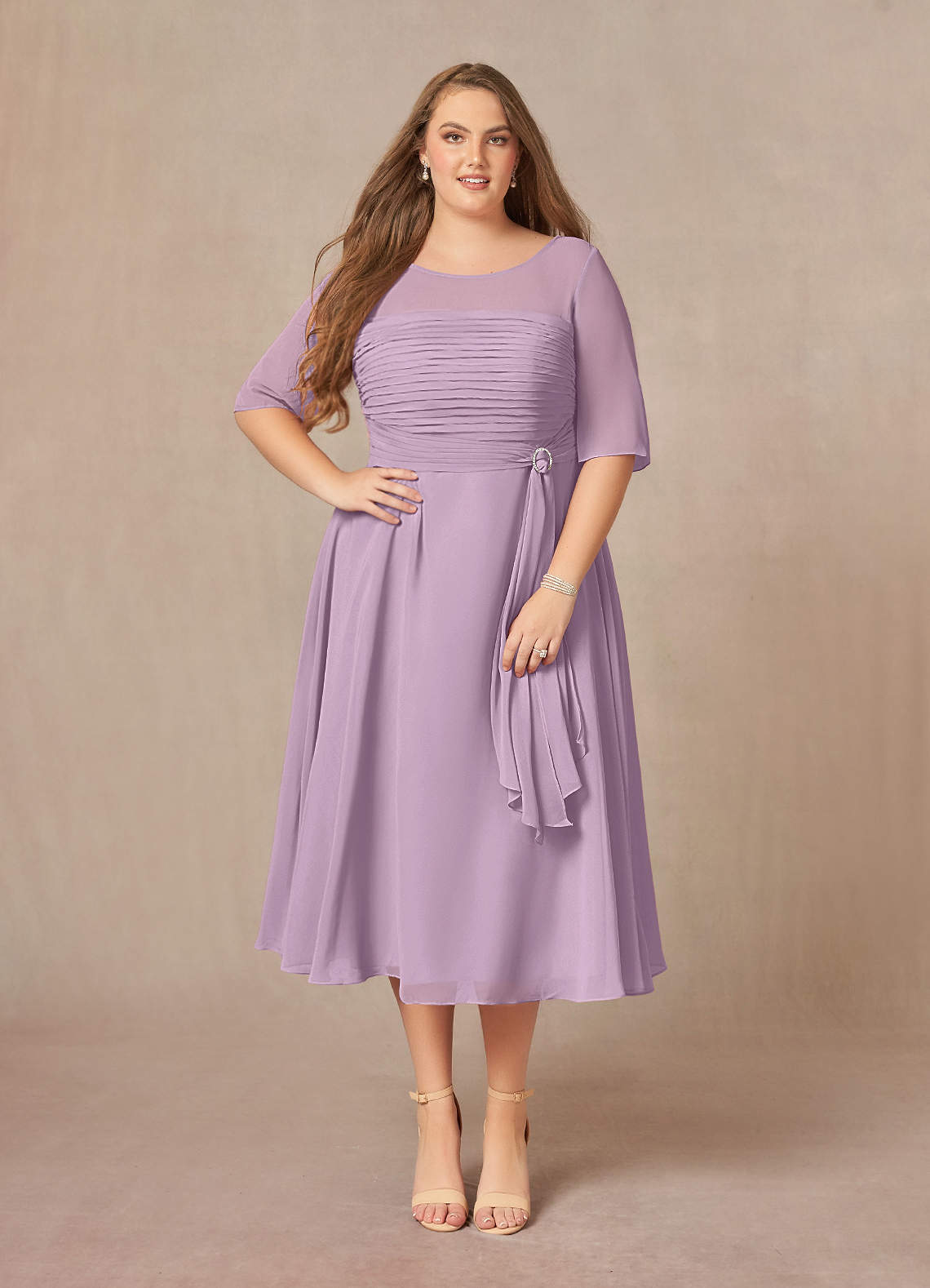 Azazie Naomi Mother of the Bride Dresses Wisteria A-Line Boatneck Pleated Chiffon Dress image1