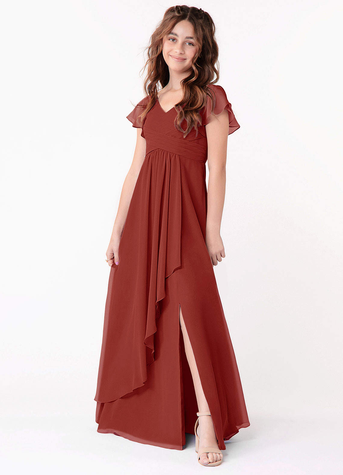 Azazie Omari Junior Terracotta A-Line Ruched Chiffon Dress image1