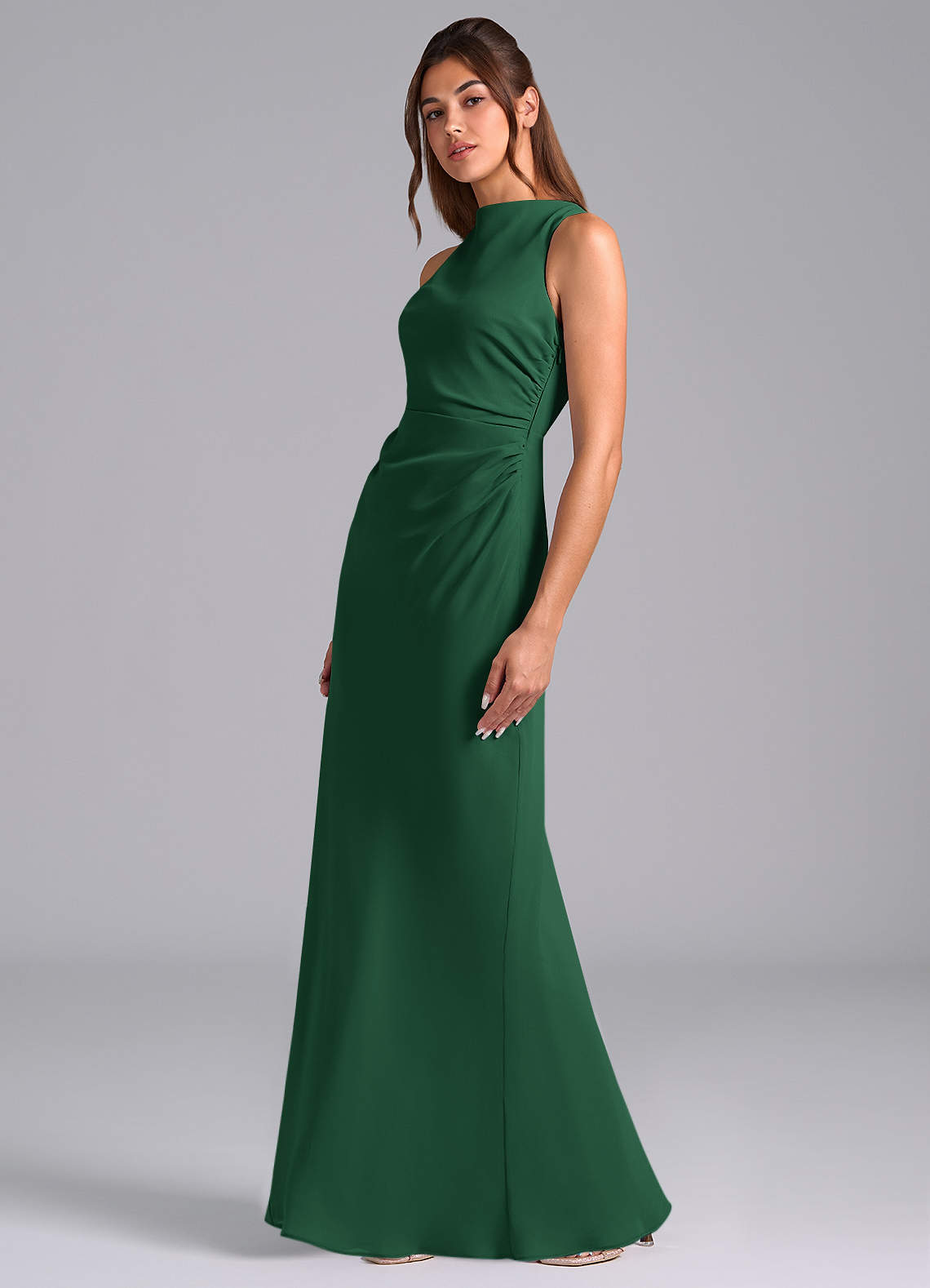 Azazie Evadne Essayer des robes à la maison Robe Trapèze en Mousseline de soie Plissée Vert Foncé image1