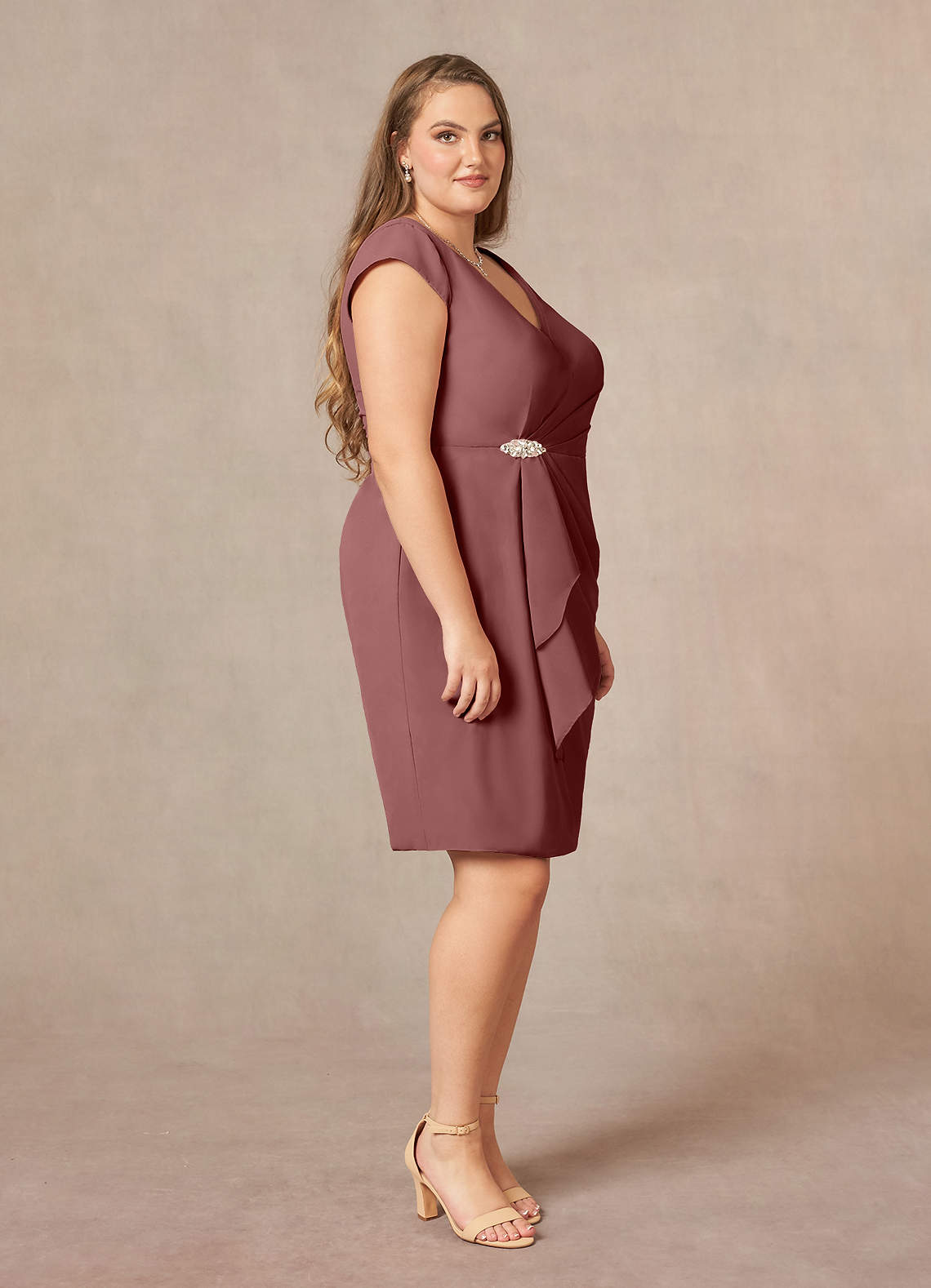 Azazie Nola Mother of the Bride Dresses Desert Rose Sheath V-Neck Pleated Chiffon Dress image8