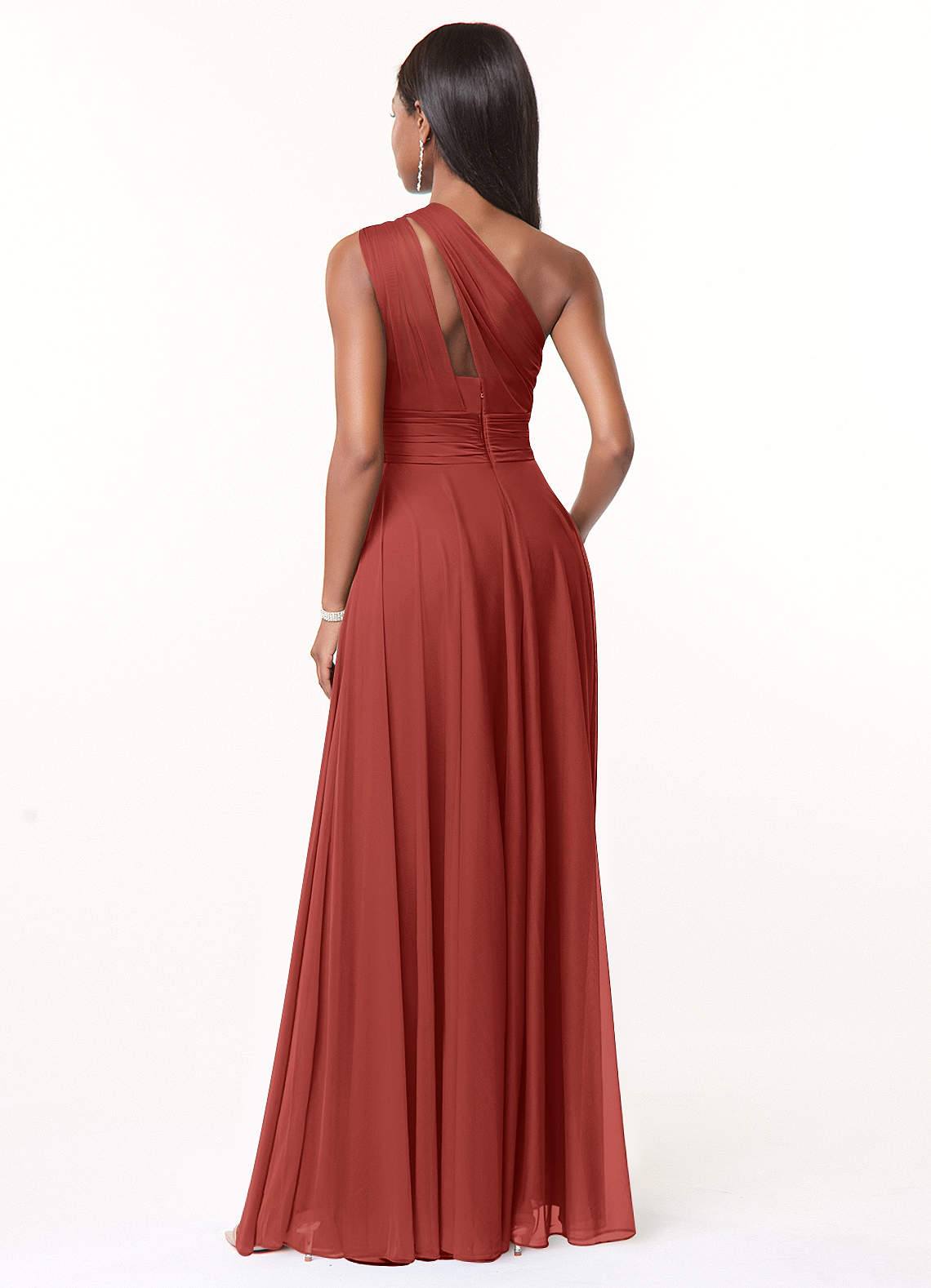 Azazie Charlize Vestidos de damas de honor Vestido de Terracota de Malla de Corte en A con Hombro unilateral image1