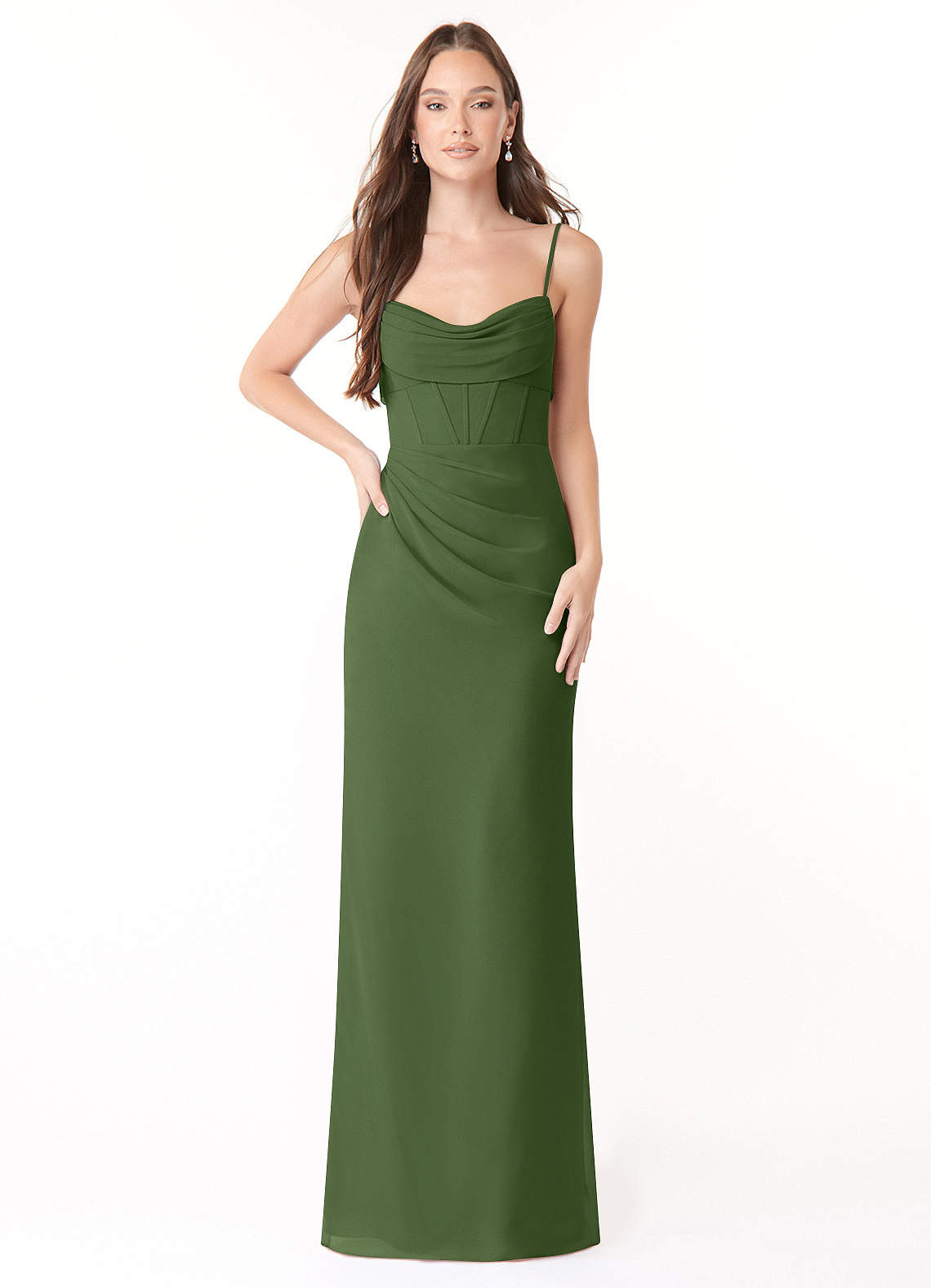 Azazie Mai Bridesmaid Dresses Olive Sheath Pleated Chiffon Dress image1