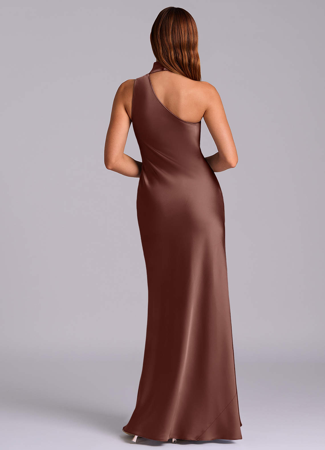 Azazie Seona Vestidos de madrinha de casamento Vestido Café Expresso de Cetim elástico de sereia com Um ombro image3