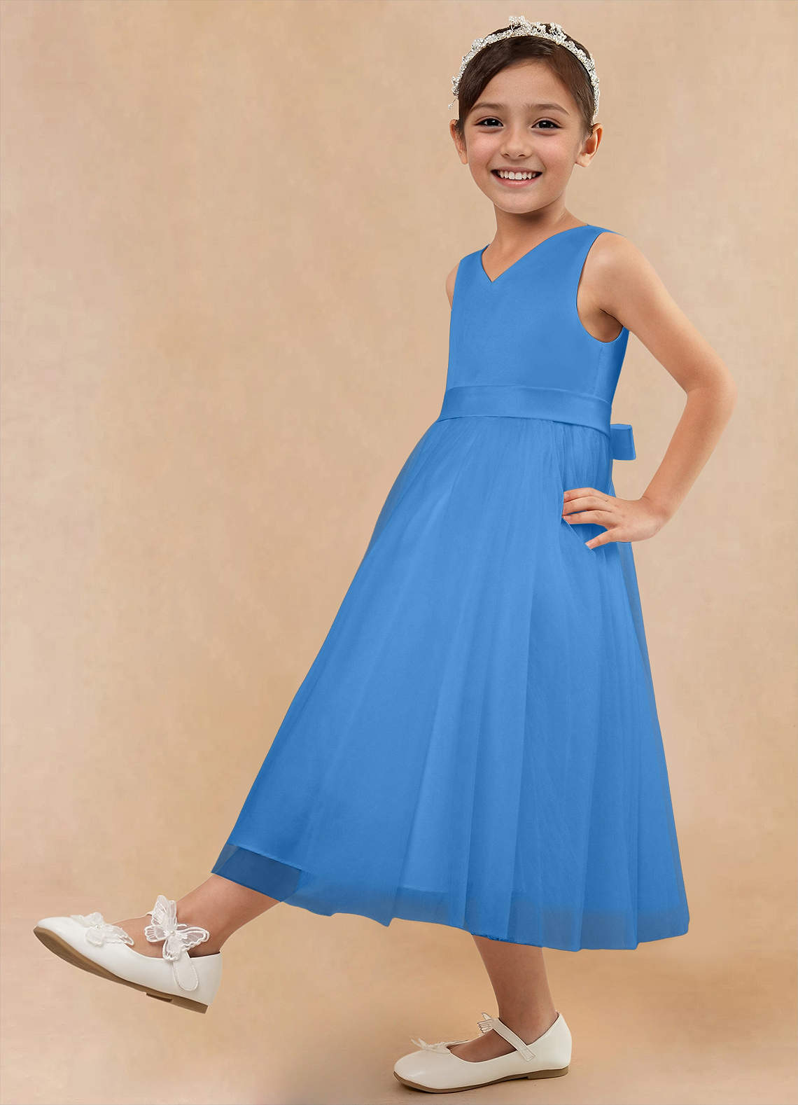 Blue Jay Azazie Marlee A-Line Pleated Matte Satin Tea-Length Dress | Azazie