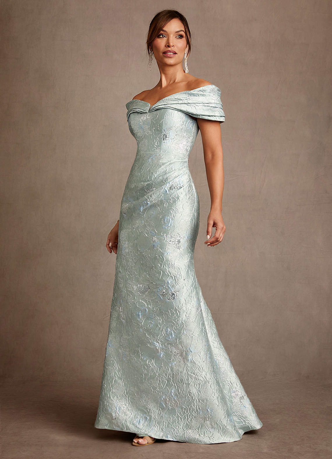 Azazie Adrian Agave Jacquard Sheath Off the Shoulder Floral