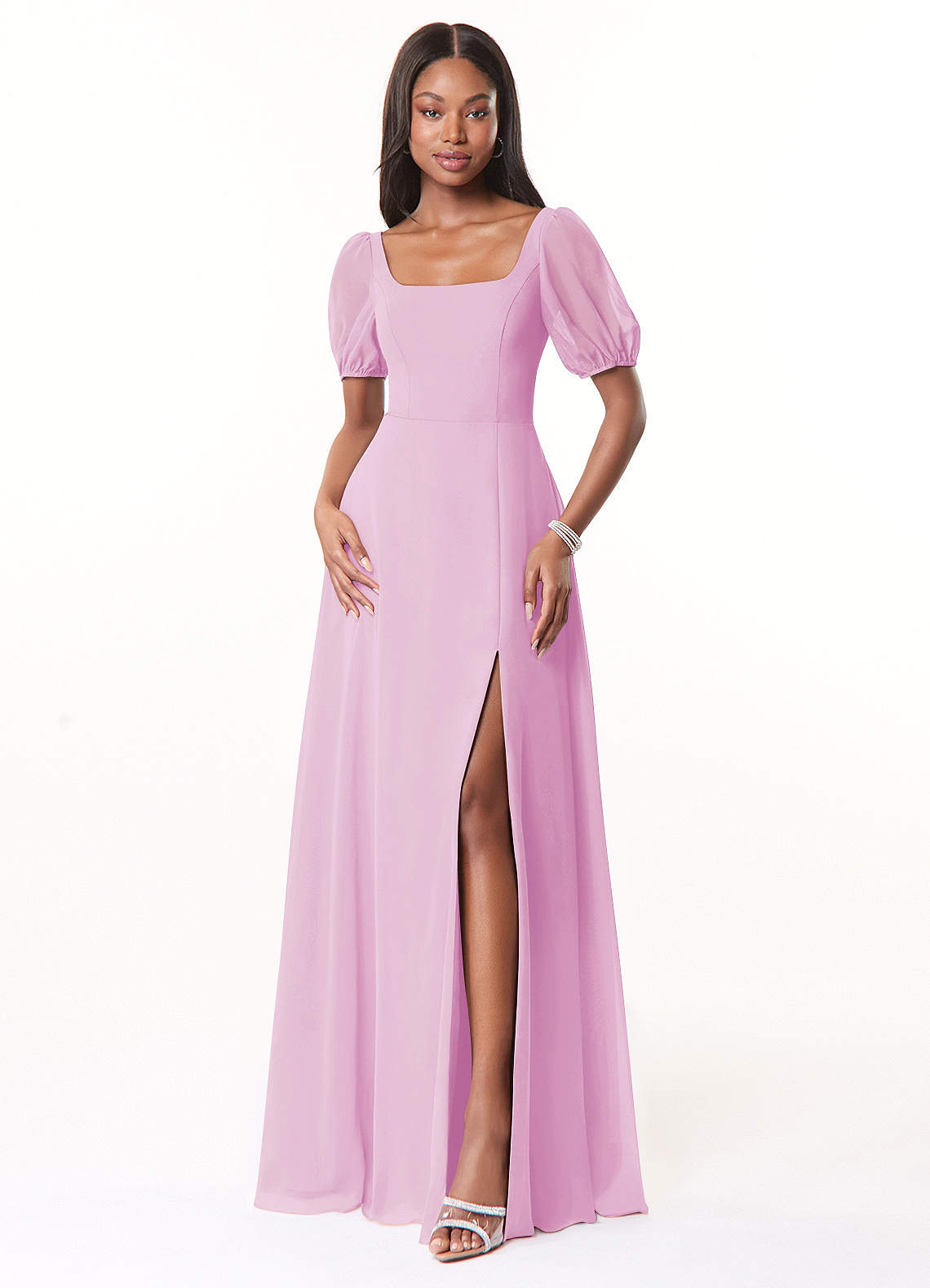 Azazie Alani Bridesmaid Dresses Candy Pink A-Line Square Neckline Chiffon Dress image1