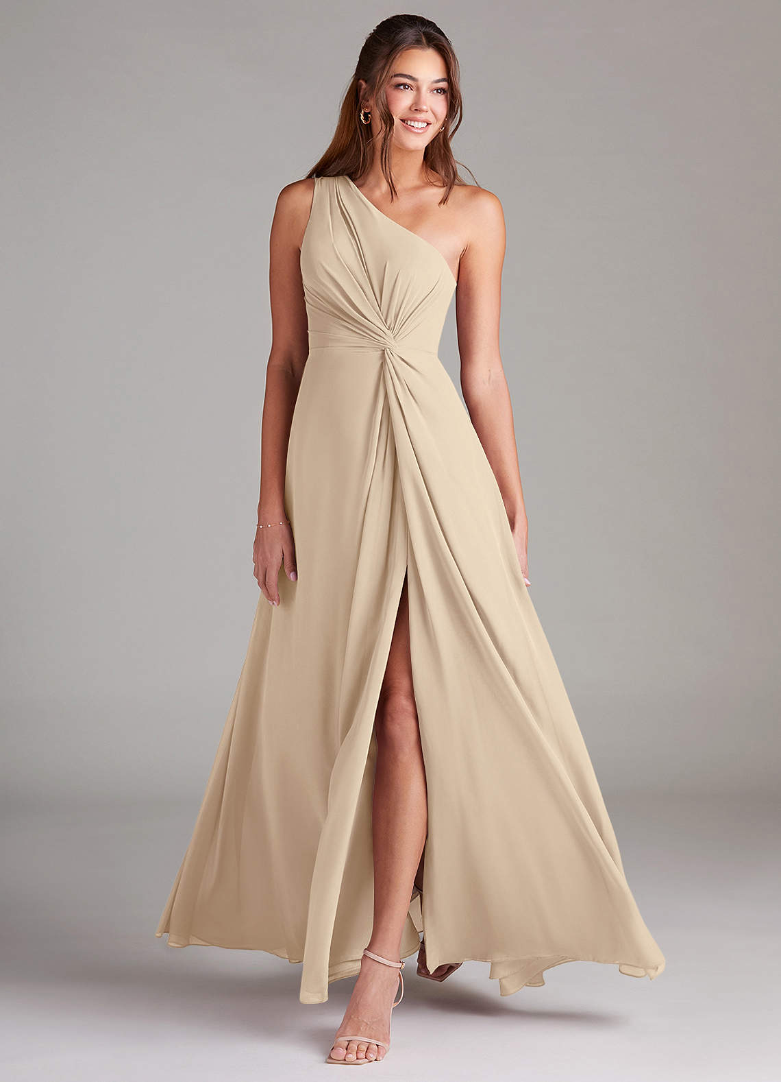 Azazie Brooke Bridesmaid Dresses Champagne A-Line One Shoulder Chiffon Dress image2