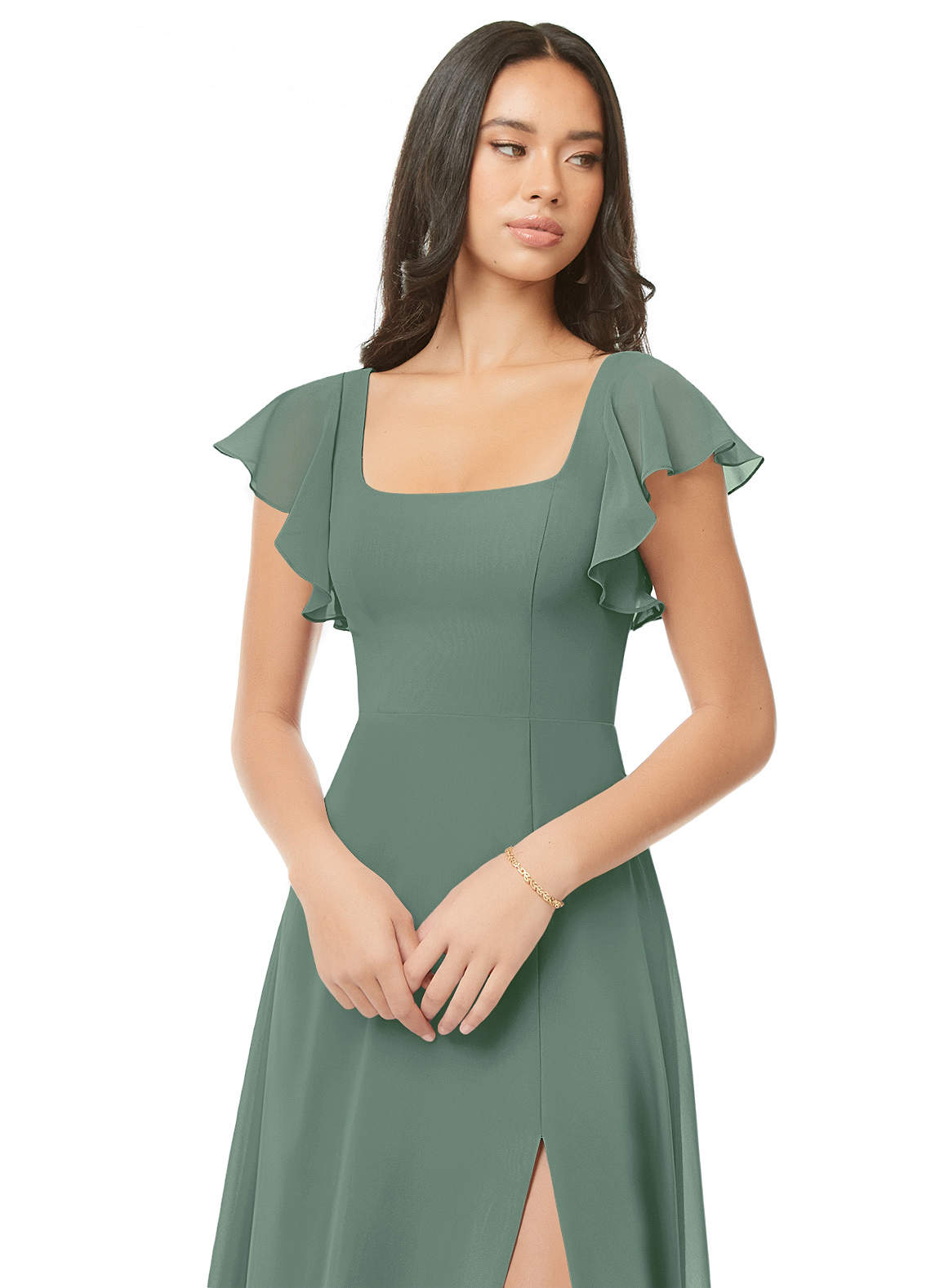 Azazie Bondi Bridesmaid Dresses Eucalyptus A-Line Ruched Chiffon Dress image3
