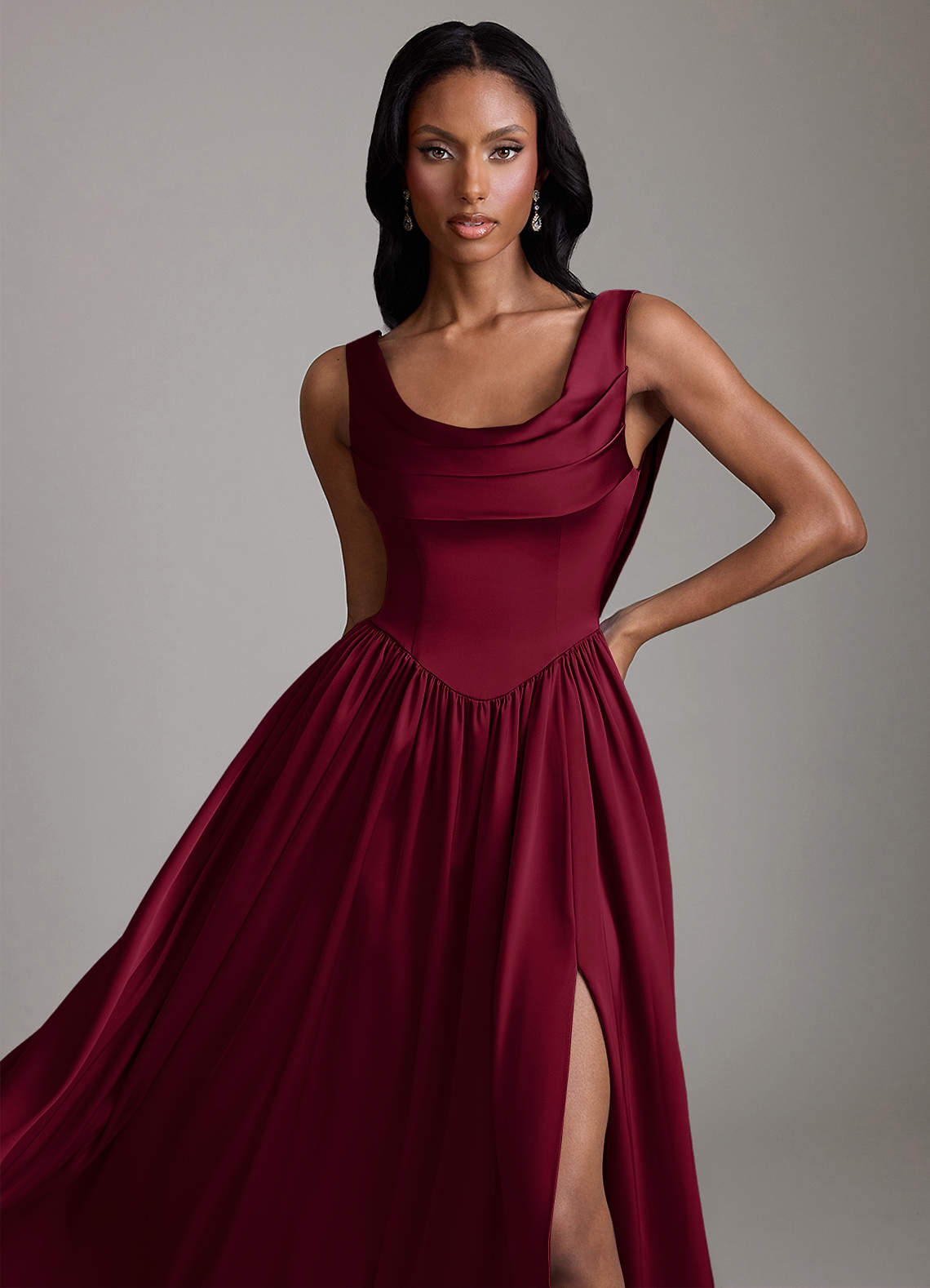Azazie Novi Bridesmaid Dresses Burgundy A-Line with Pockets Stretch Satin Dress image2
