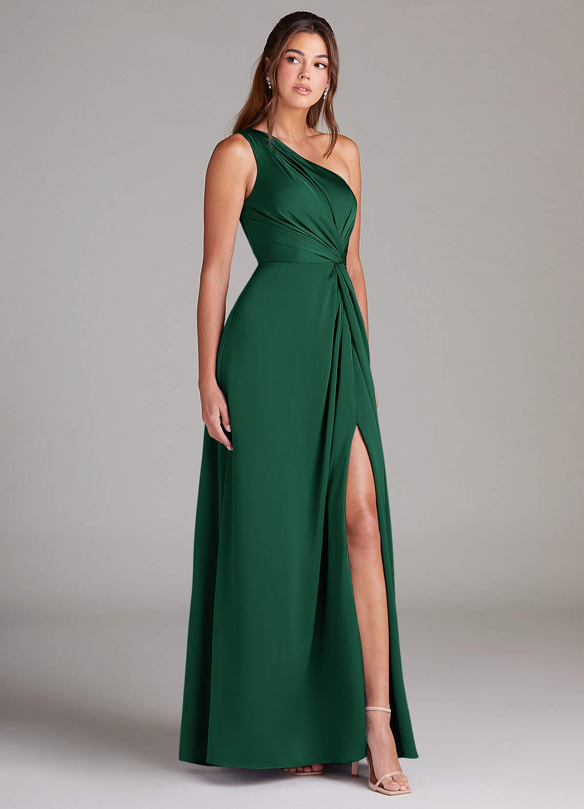 Azazie Brooke Bridesmaid Dresses Dark Green A-Line One Shoulder Stretch Satin Dress image3