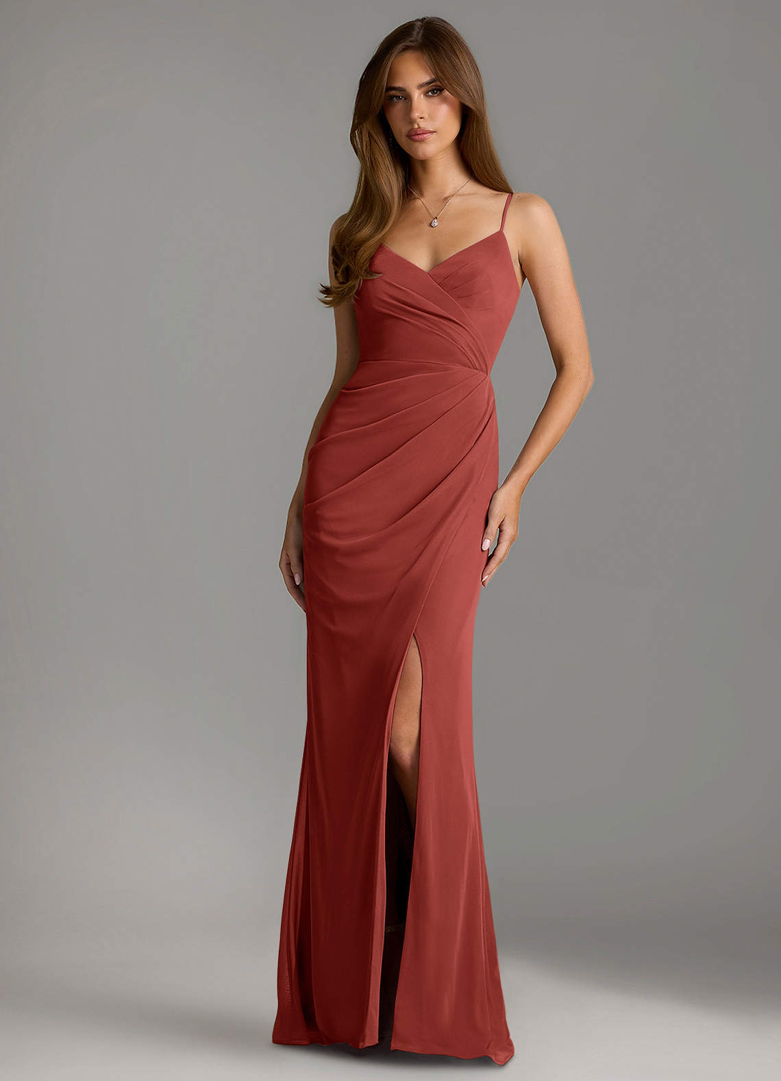Azazie Maci Bridesmaid Dresses Terracotta Sheath Pleated Mesh Dress image1