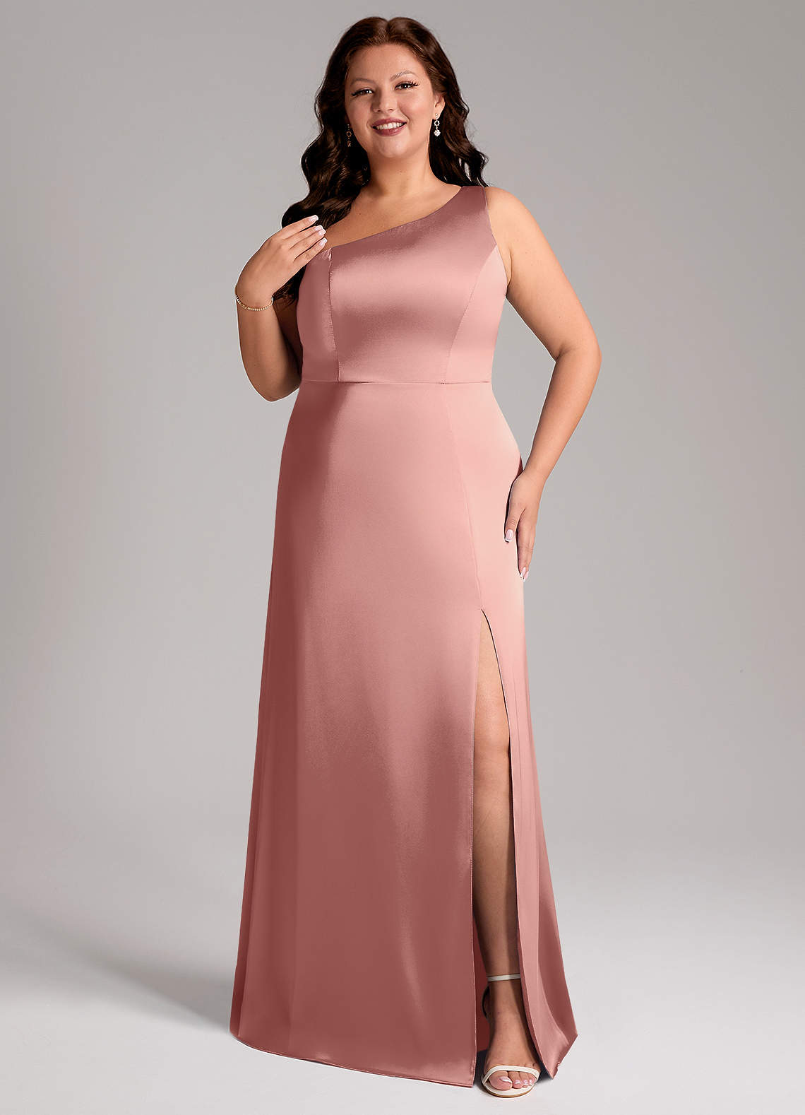 Azazie Phaedra Suknie dla druhen Linia A Jedno ramię Satyna elastyczna Do ziemi Sukienka image1