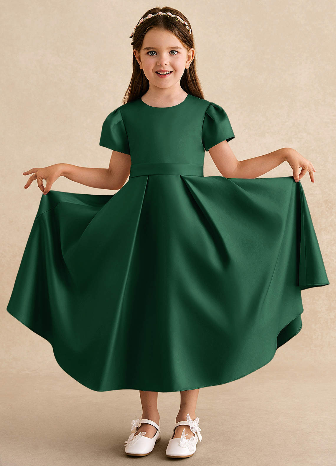 Azazie Princess Flower Girl Dresses Dark Green A-Line Pleated Matte Satin Dress image2