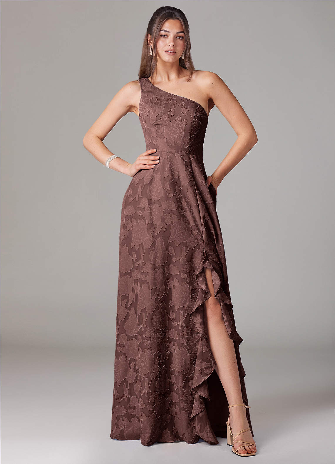 Azazie Ellianna Bridesmaid Dresses Espresso A-Line One Shoulder Floral Burnout Dress image1