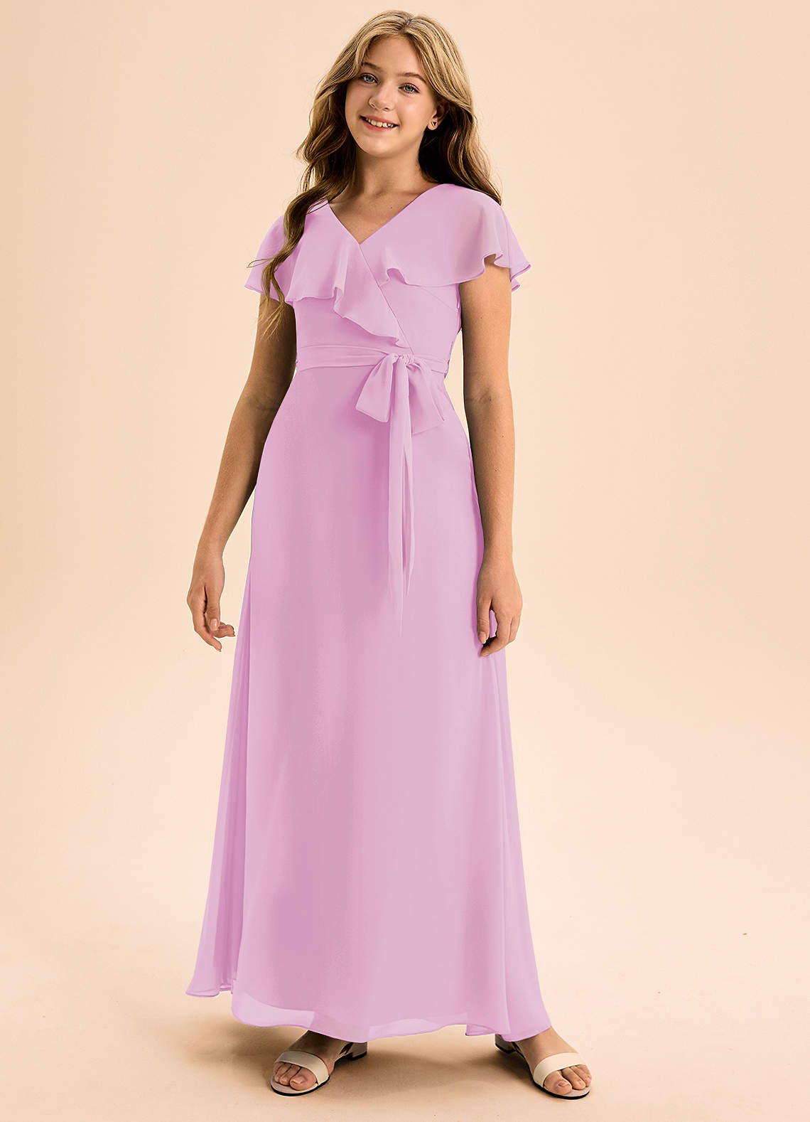 Azazie Lainey Junior Vestido de Rosa Caramelo de Gasa de Corte En A con Con bolsillos image1