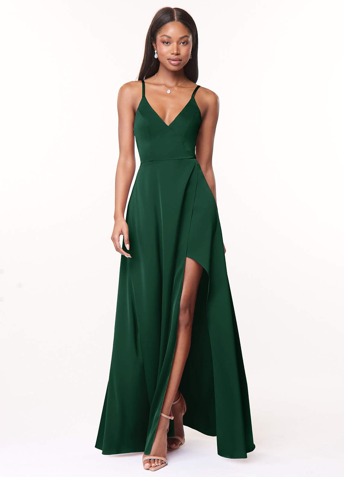 Azazie Maksim Bridesmaid Dresses Dark Green A-Line V-Neck Stretch Satin Dress image1