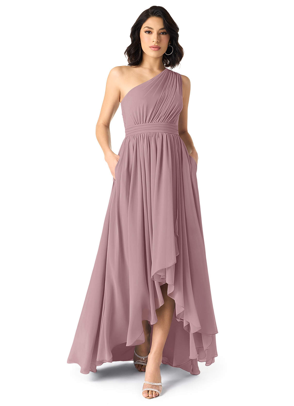 Azazie Mathilda At-home Try On Dresses Dusty Rose A-Line One Shoulder Chiffon Dress image1