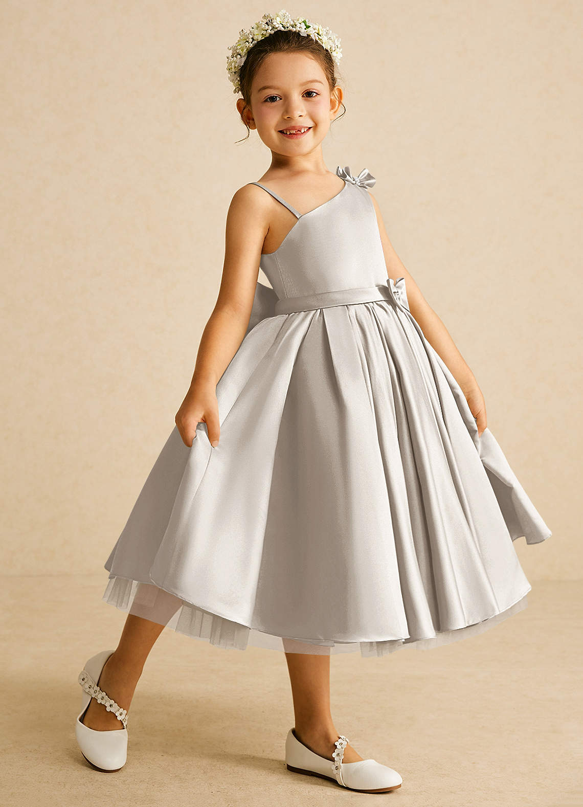 Azazie Lollipop Blumenmädchenkleider A-Linie One-Shoulder Matte Satin Kleid Frost image1