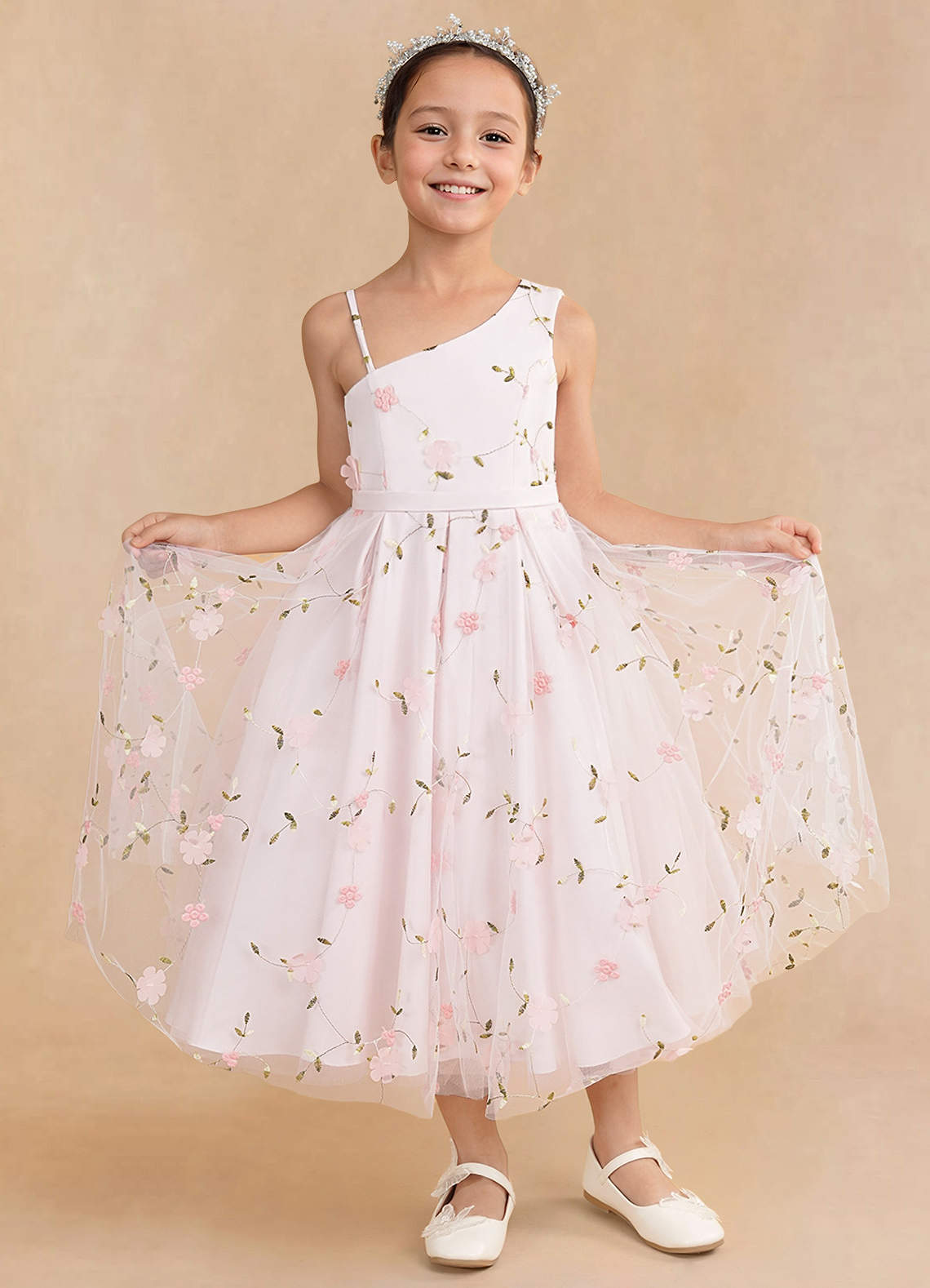 Azazie Ivilia Flower Girl Dresses Blushing Pink A-Line One Shoulder Tulle Dress image1