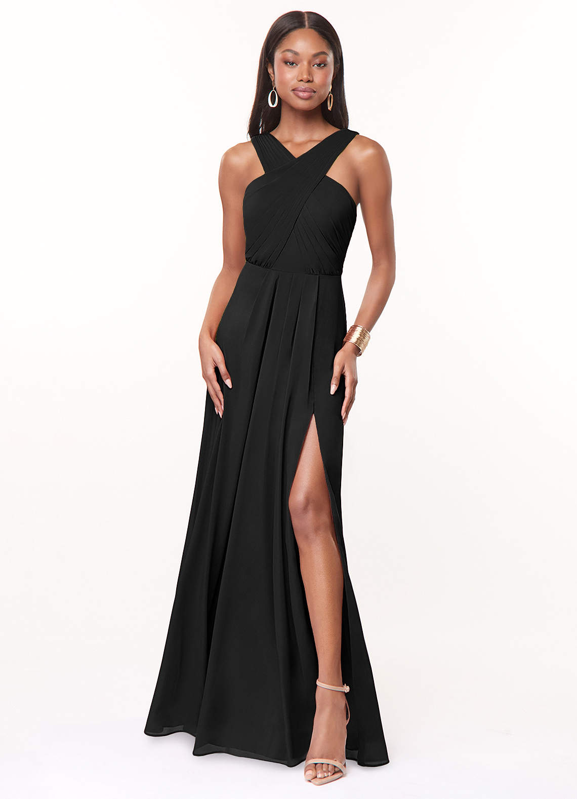 Azazie Brandie Vestidos de damas de honor Vestido de Negro de Chifón elástico de Corte en A con Plisado image1